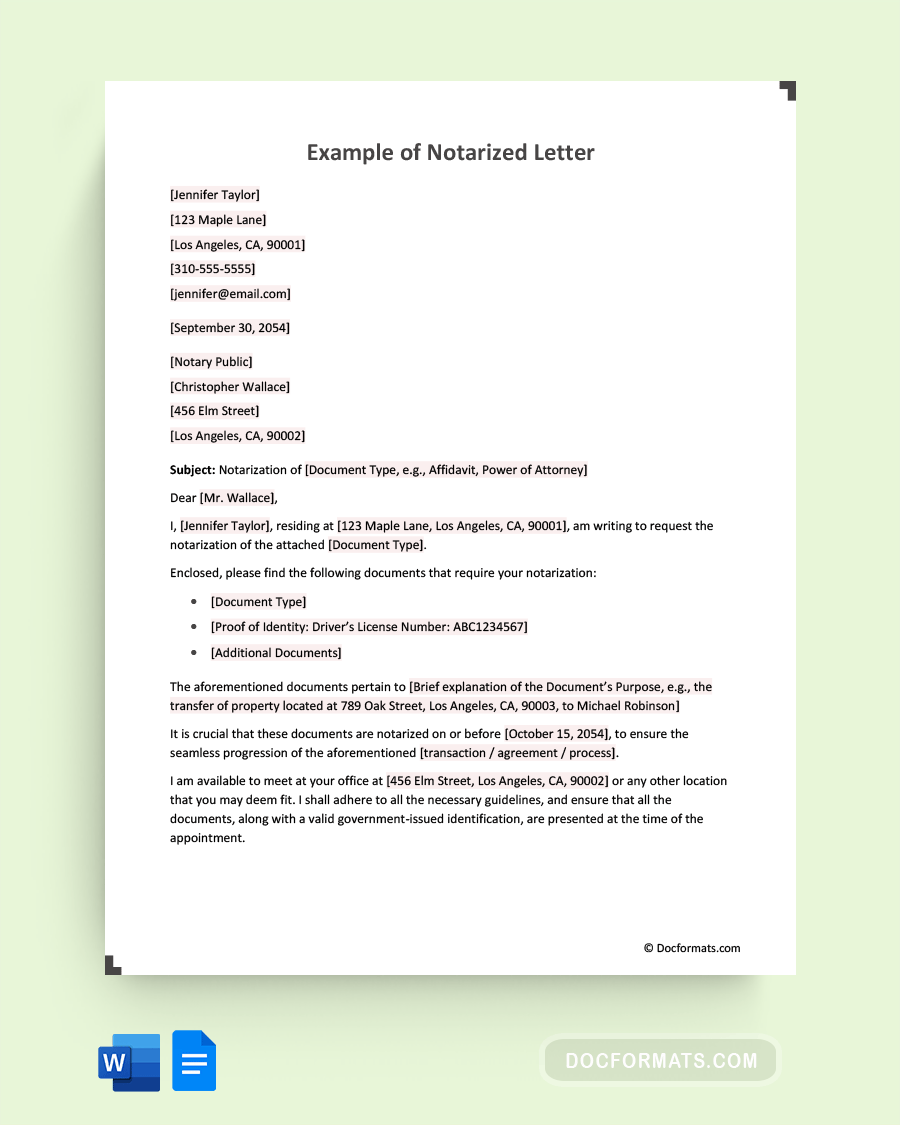 Example of Notarized Letter - Google Docs, Word