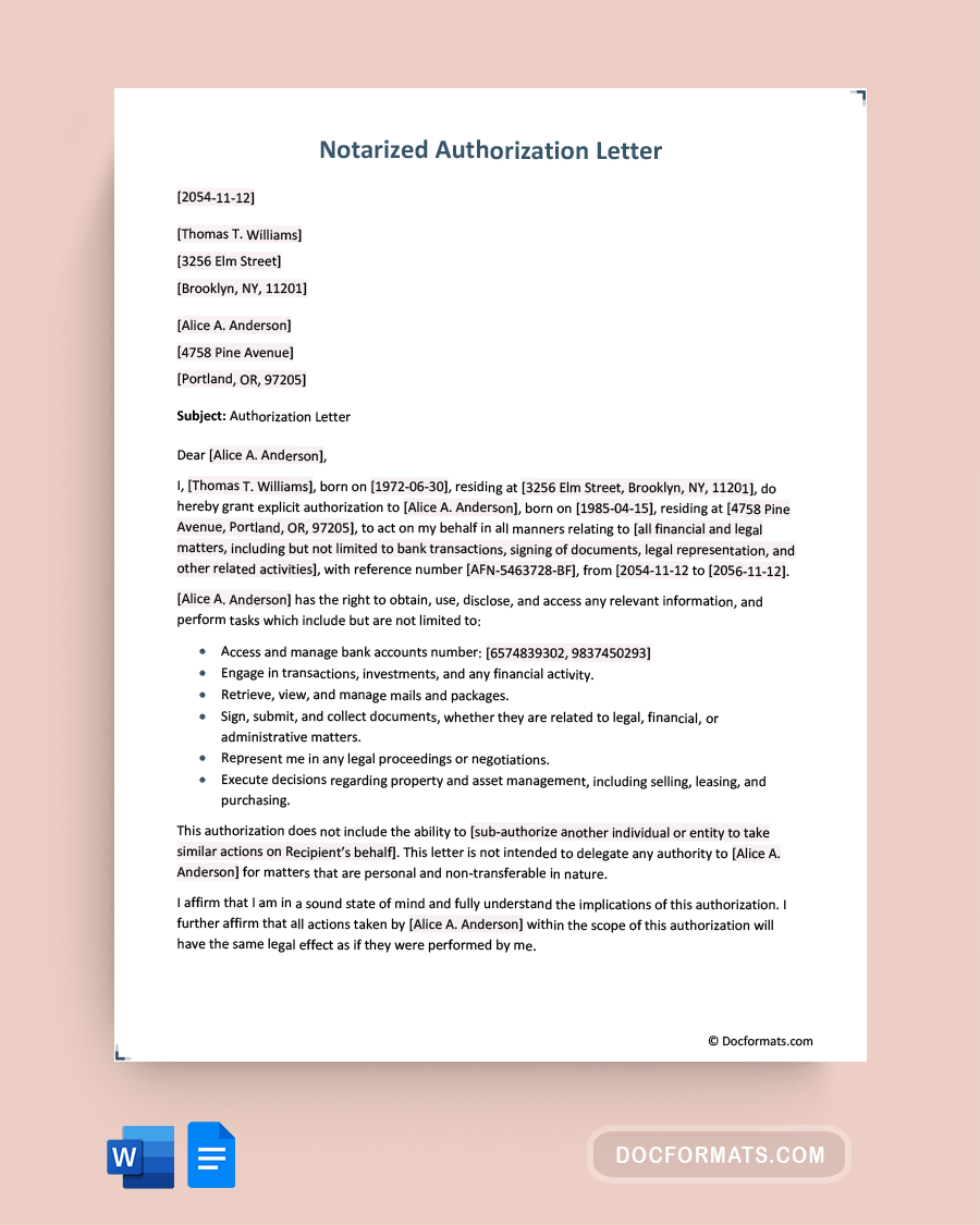 Notarized Authorization Letter - Google Docs, Word