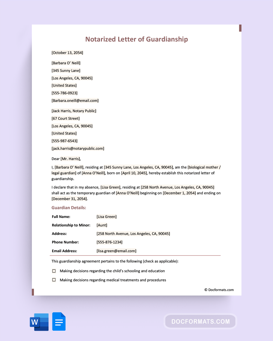 Notarized Letter of Guardianship - Google Docs, Word