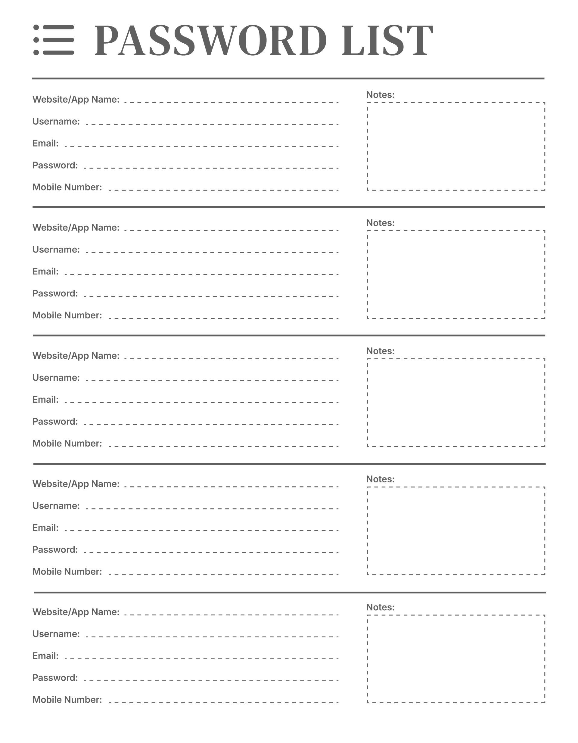Password List Template 04 - PDF, Adobe Illustrator