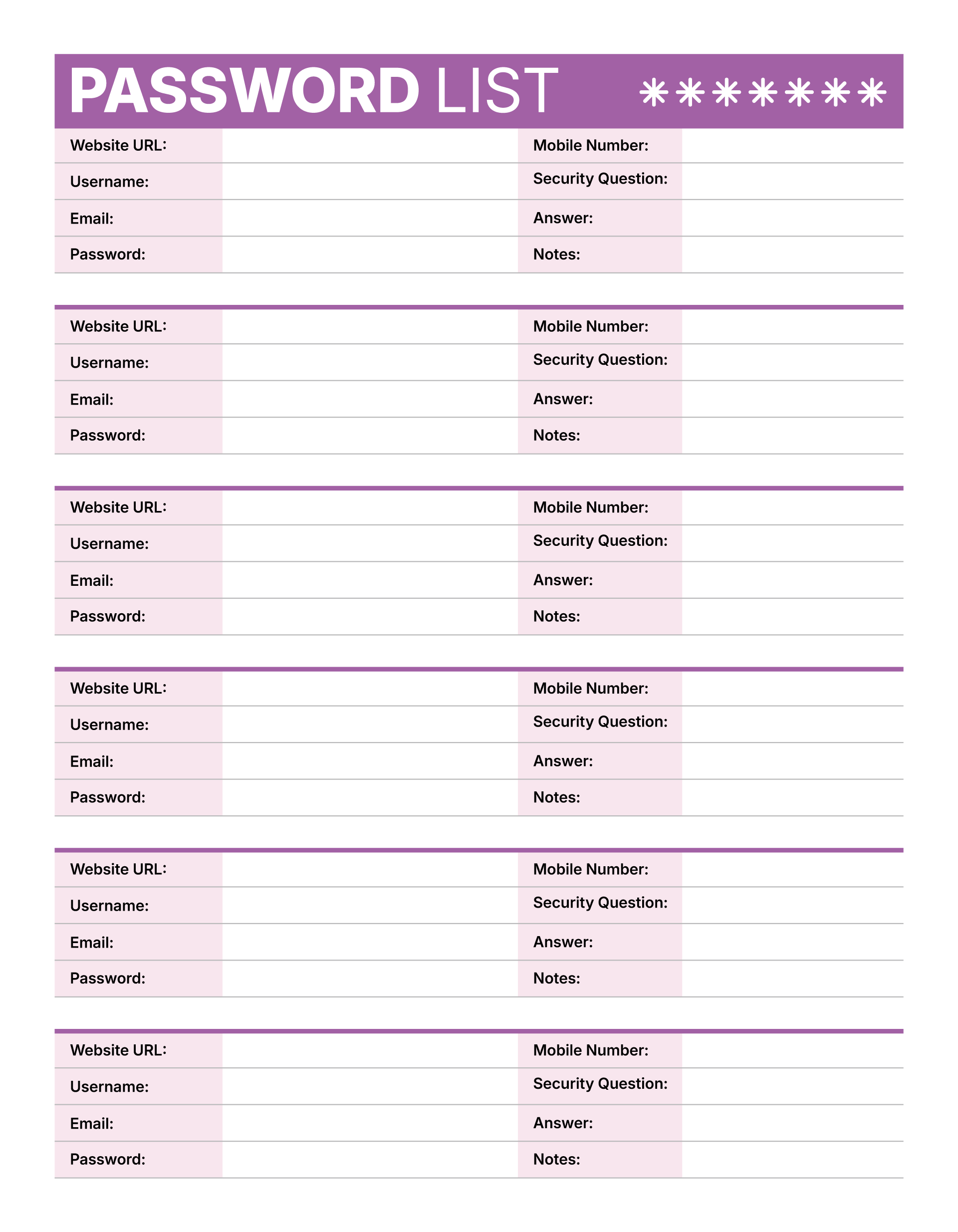 Password List Template 05 - PDF, Adobe Illustrator