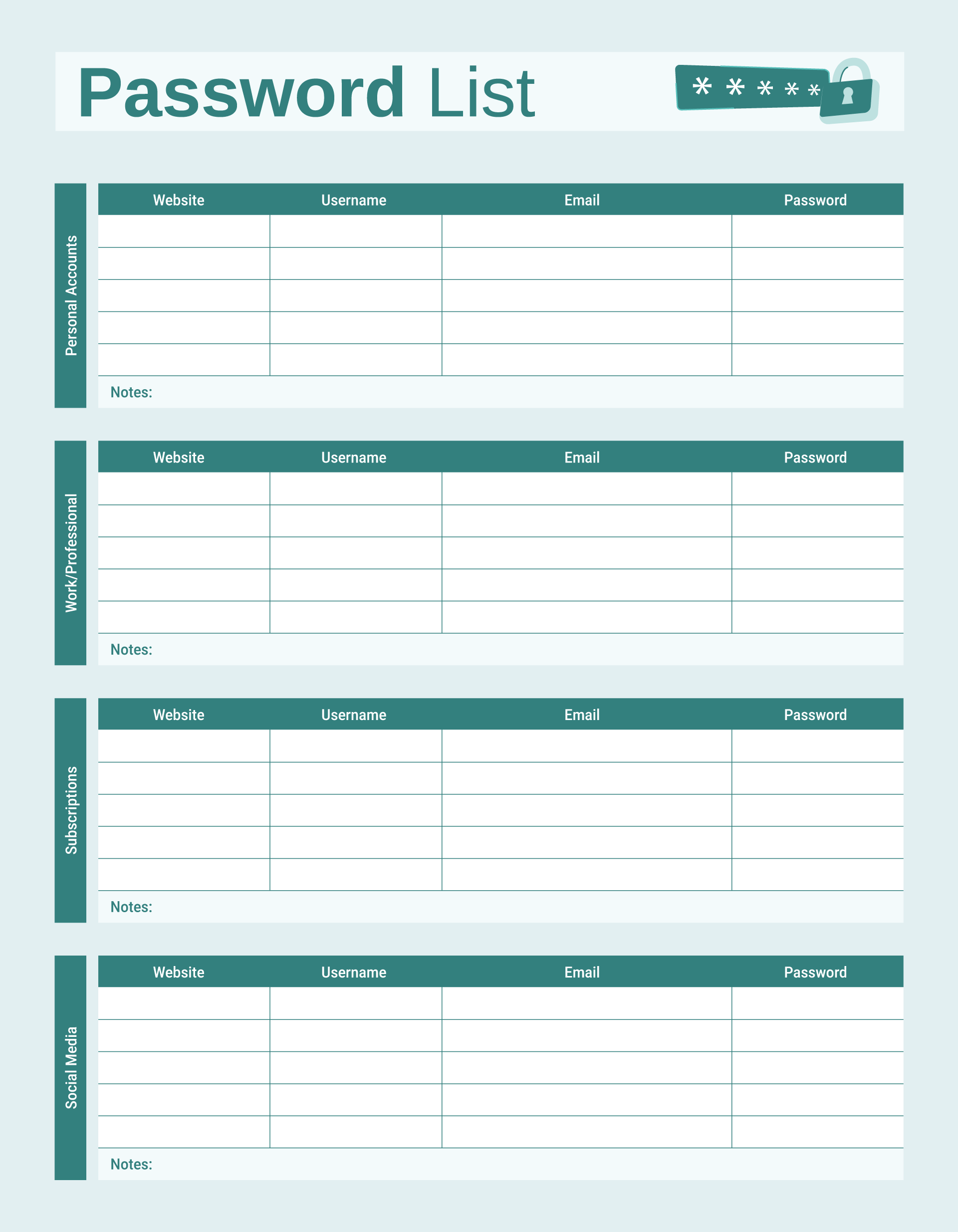 Password List Template 08 - PDF, Adobe Illustrator