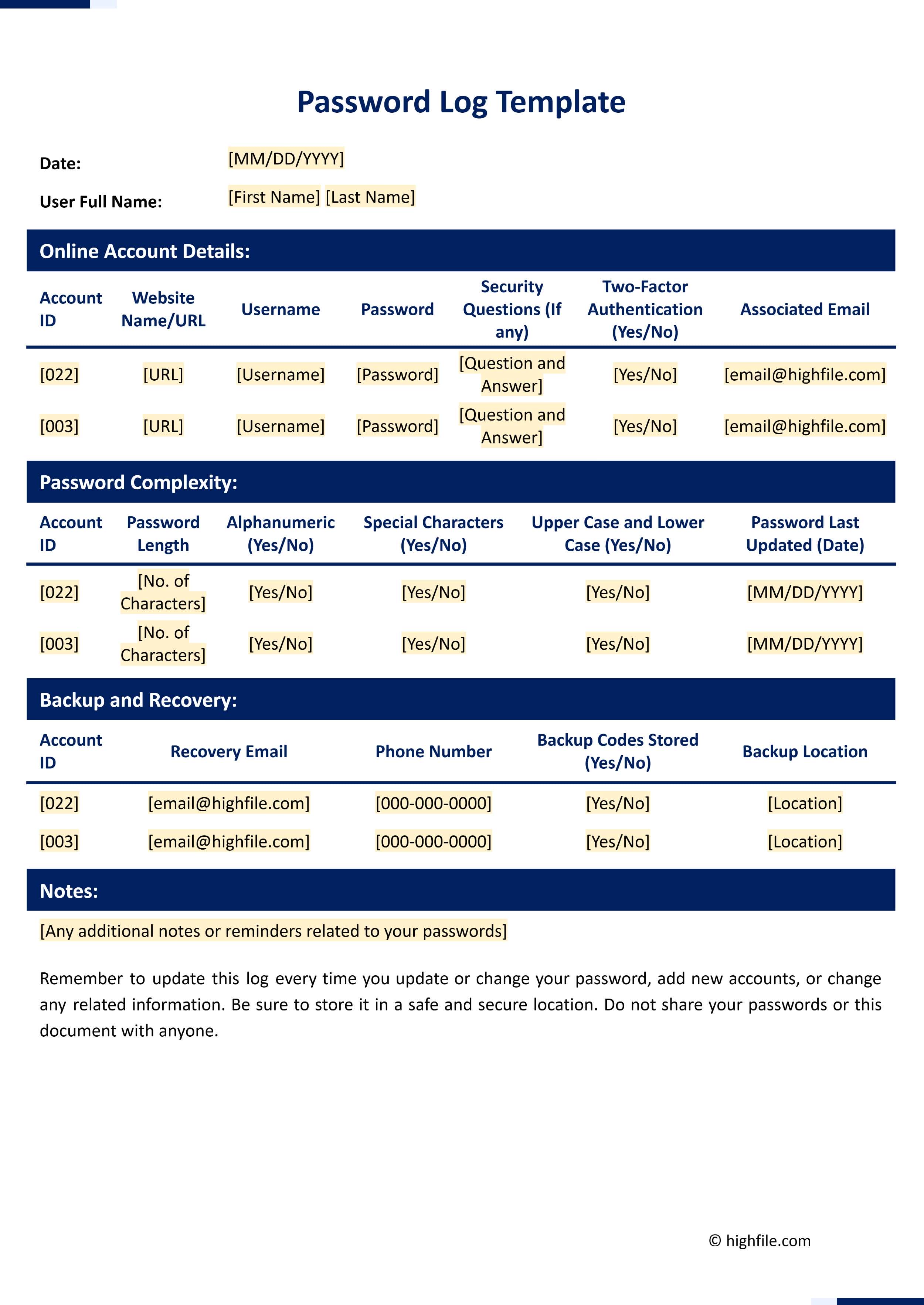 Password Log Template - Google Docs, Word, Excel, Google Sheets, PDF