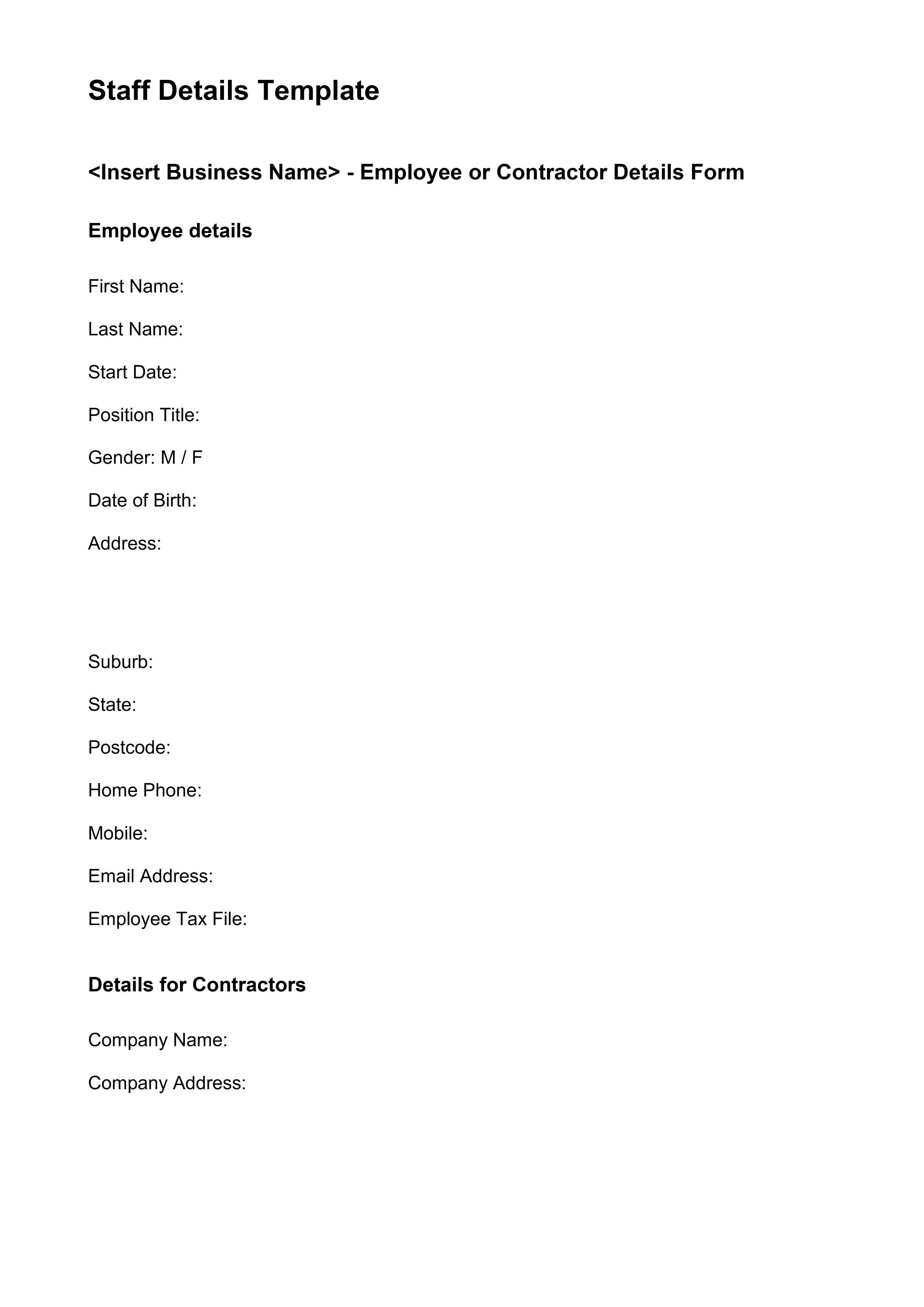 Staff Details Template - Word