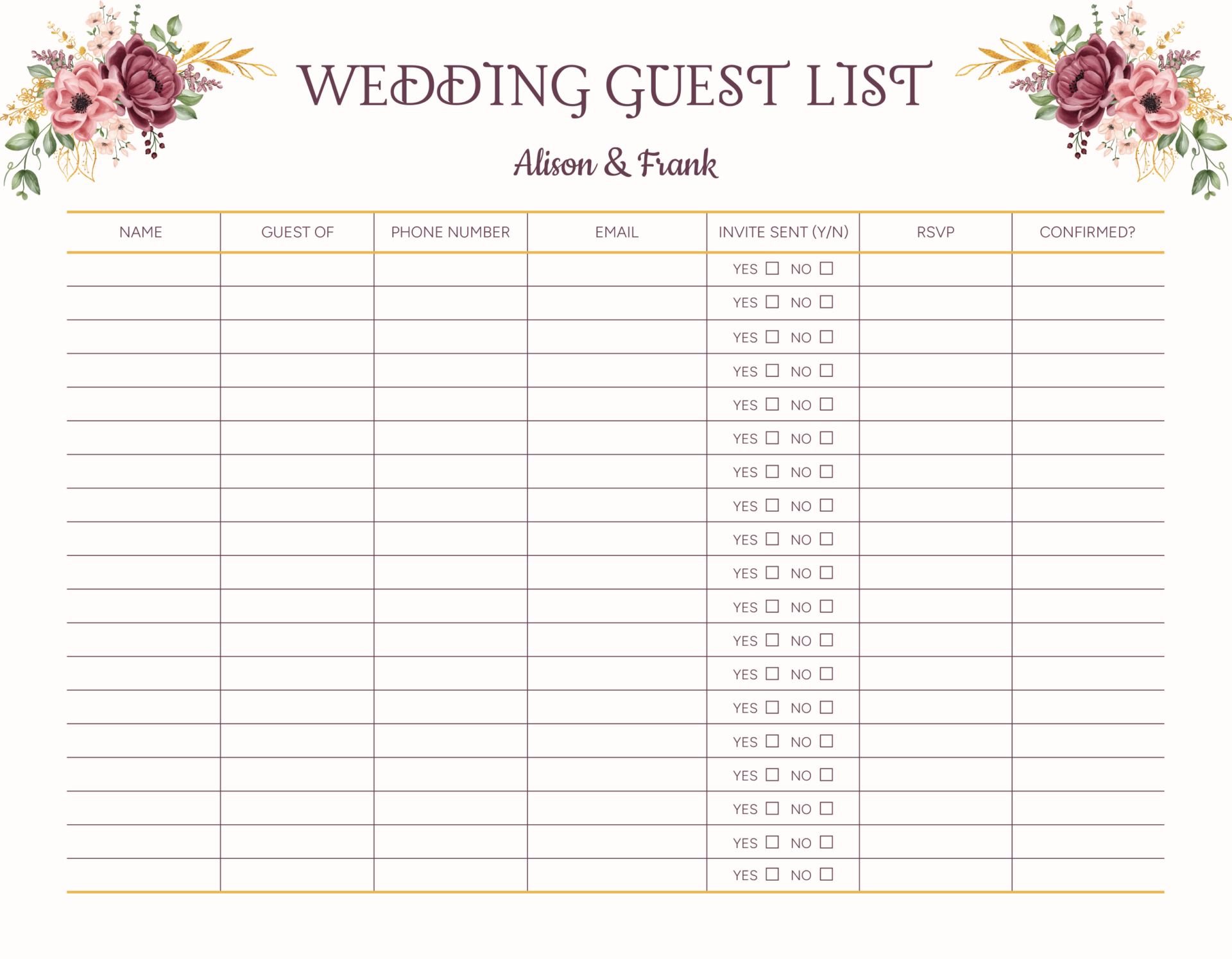 Editable Guest List Template - Adobe Illustrator, PDF
