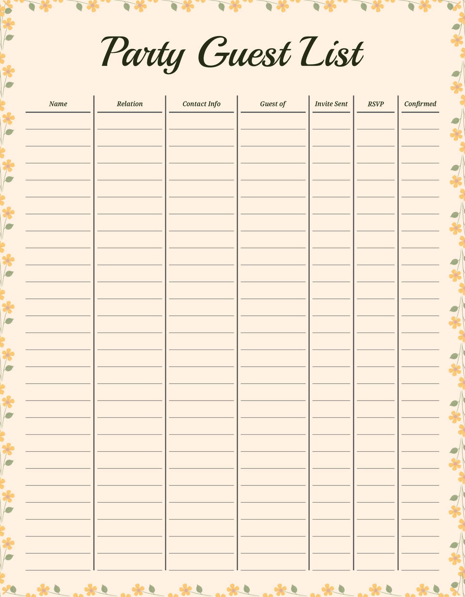 Party Guest List Template - Adobe Illustrator, PDF