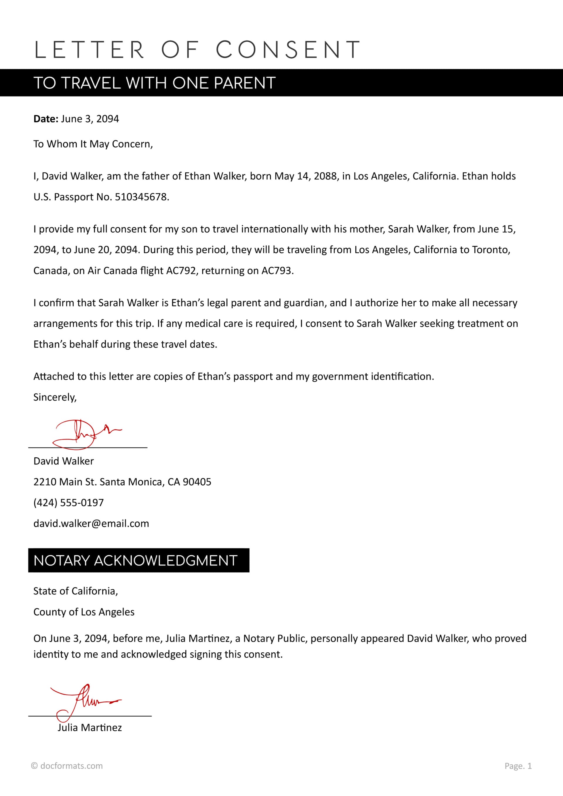 Sample Letter of Consent to Travel with One Parent - Word, Google Docs