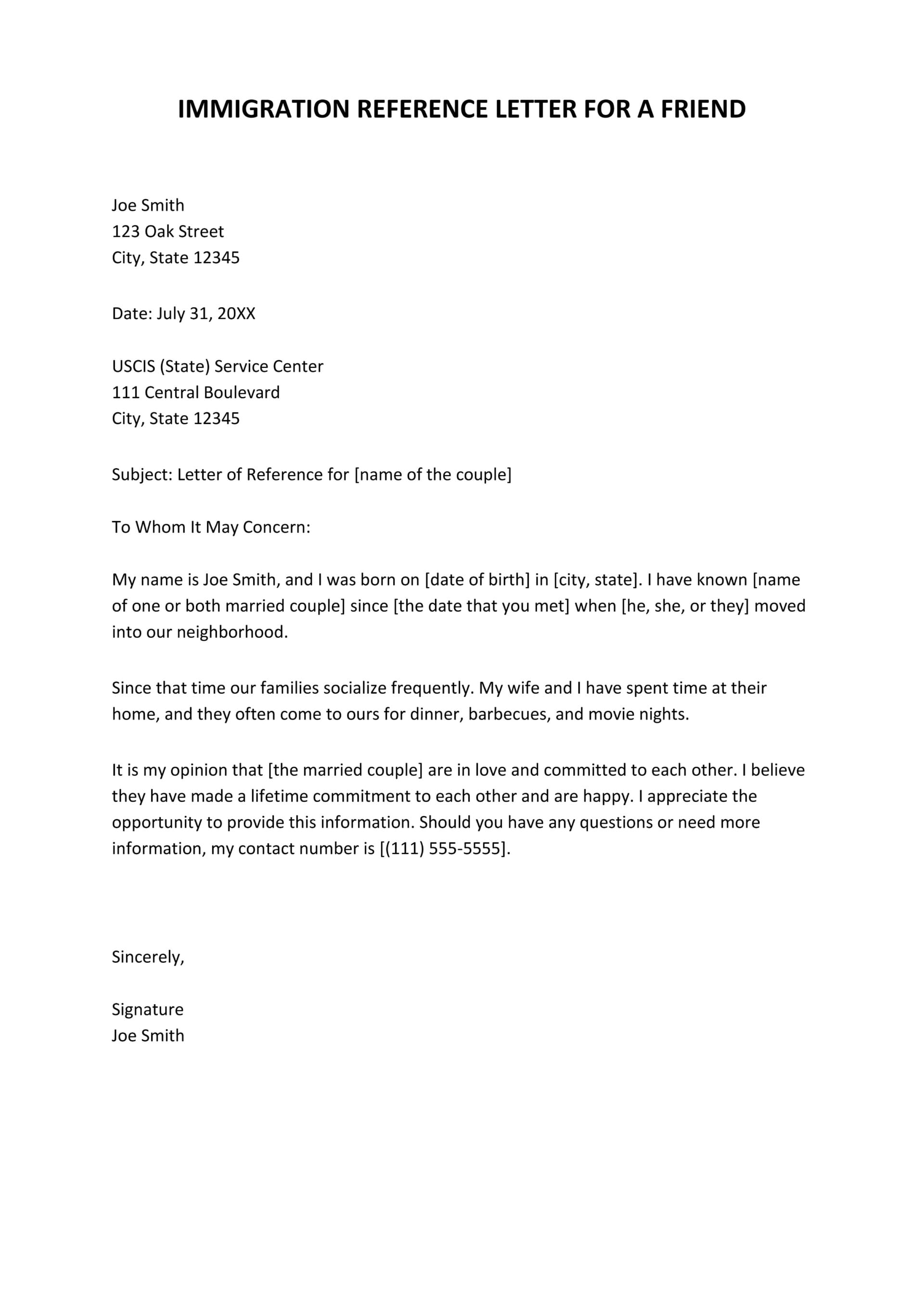 Friend Immigrant Character Reference Letter Template - Word