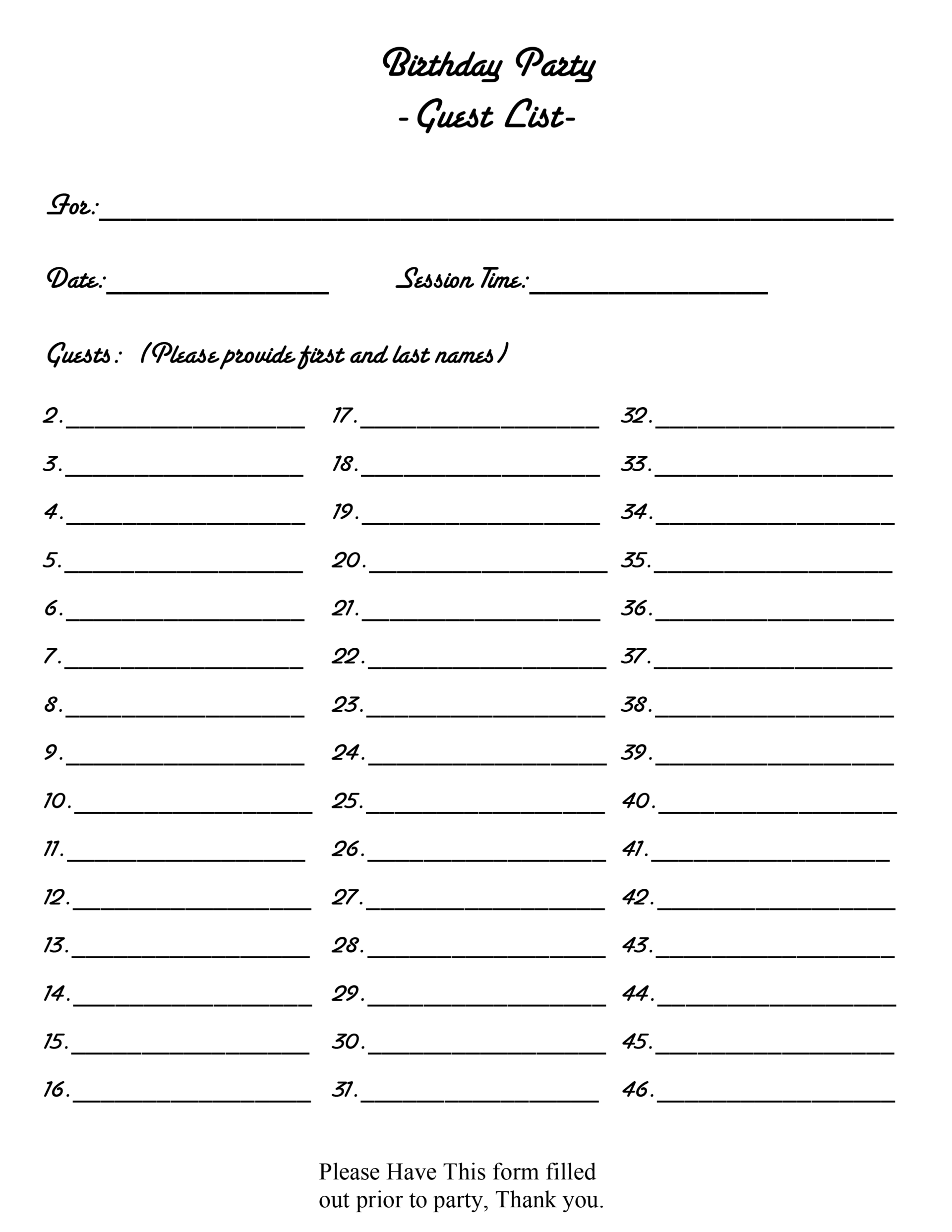 Birthday Party Guest List Template - PDF