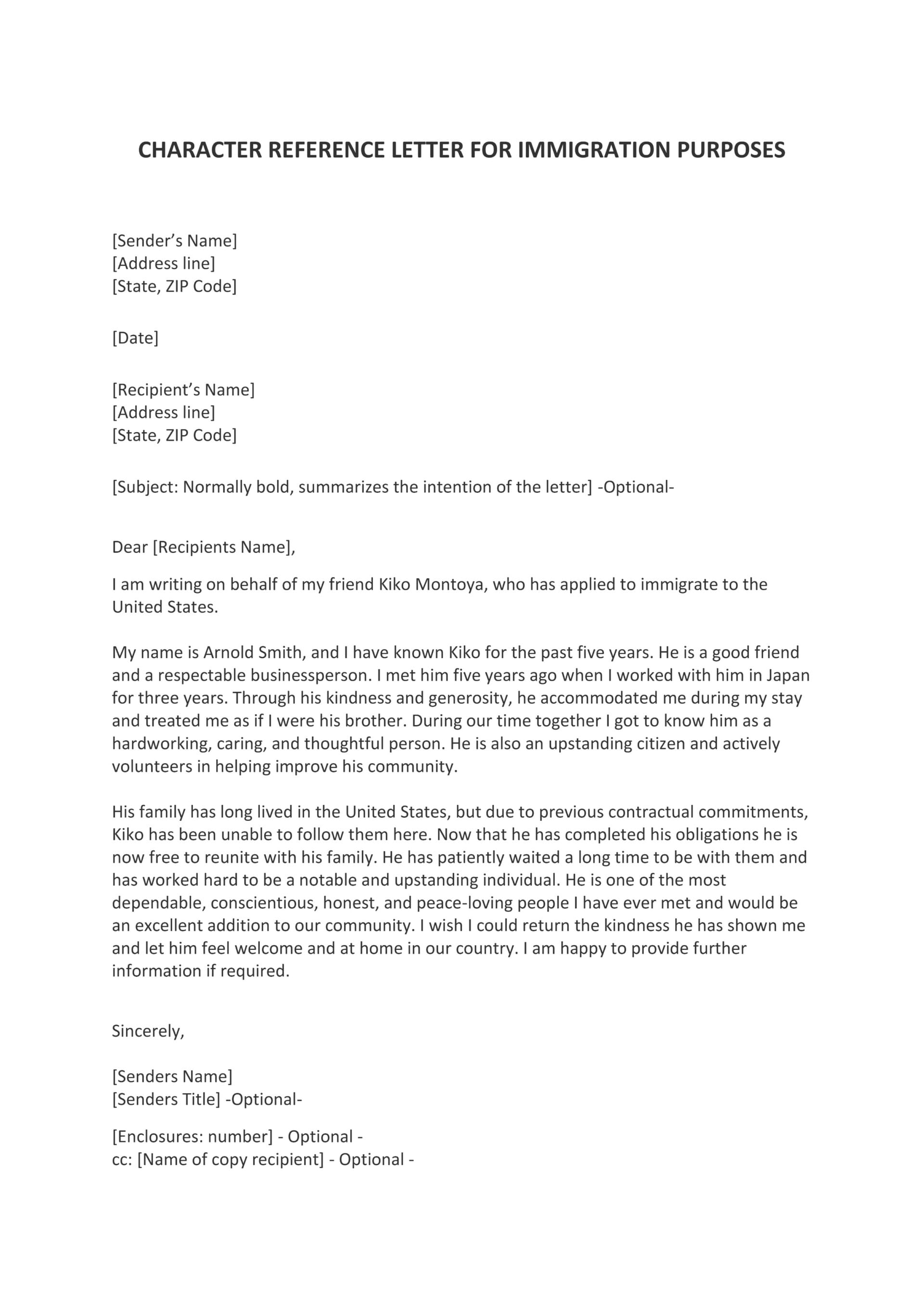 Business Person Immigrant Character Reference Letter Template - Word