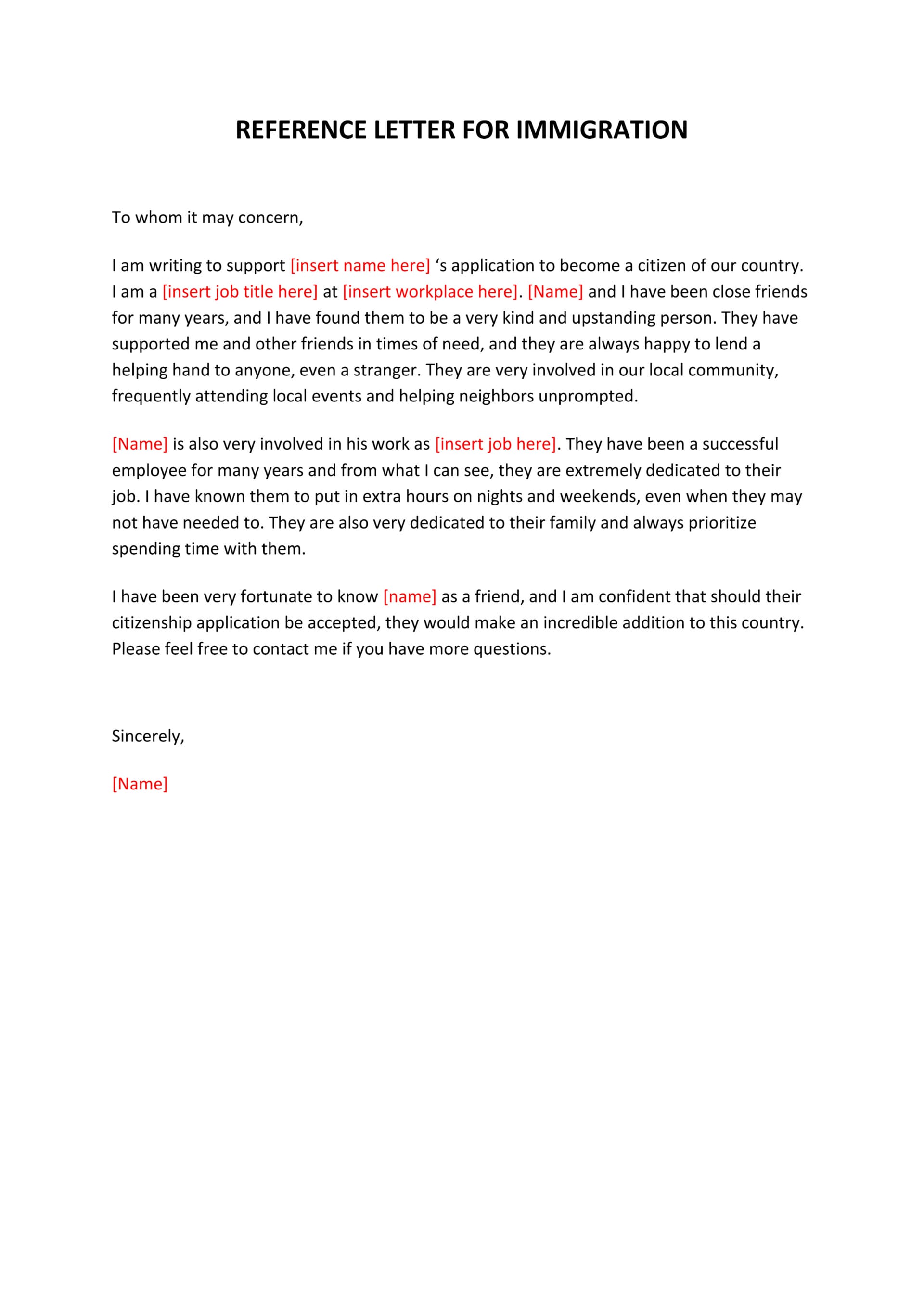 Community Immigrant Character Reference Letter Template - Word