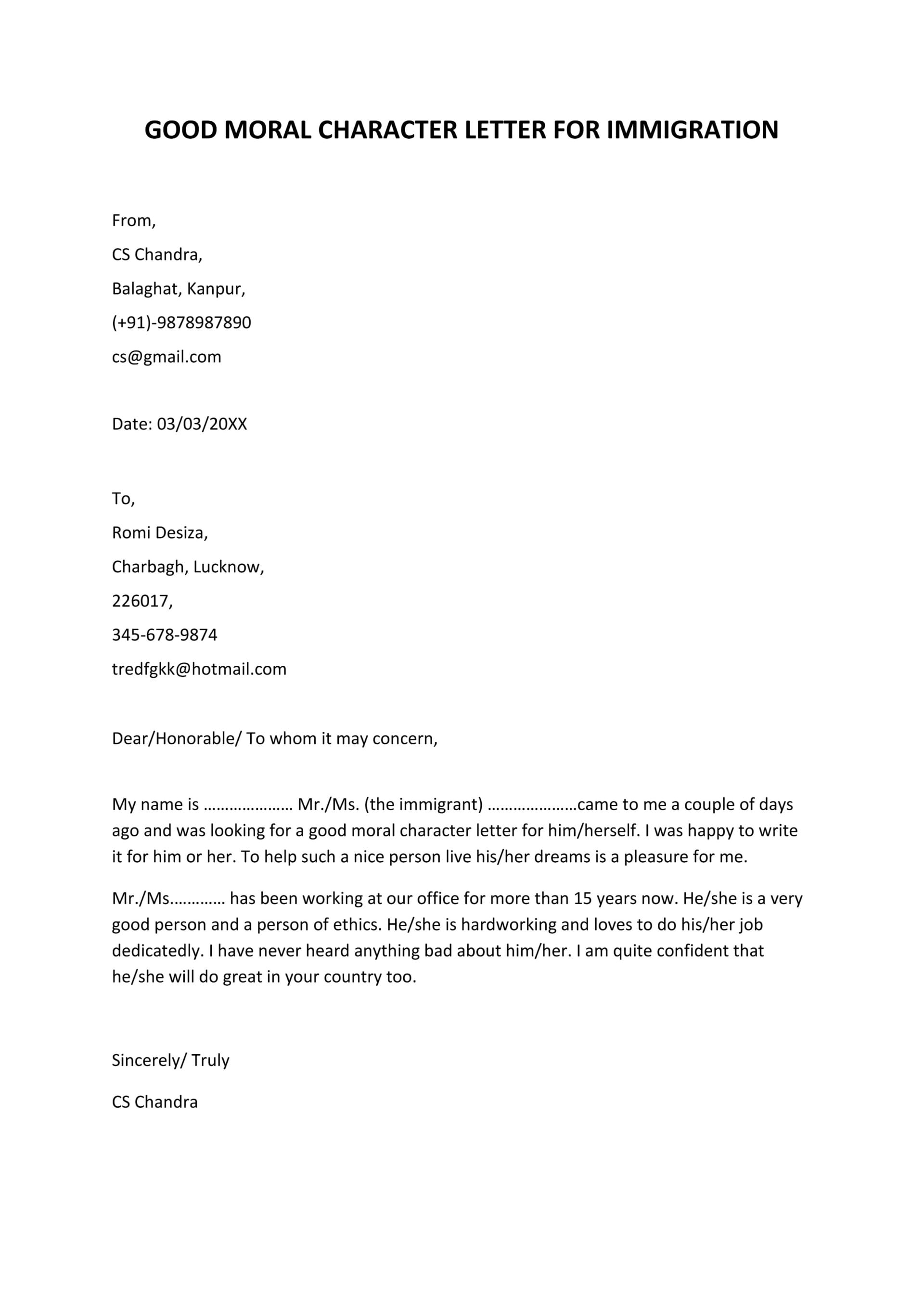 Employee Immigrant Character Reference Letter Template - Word