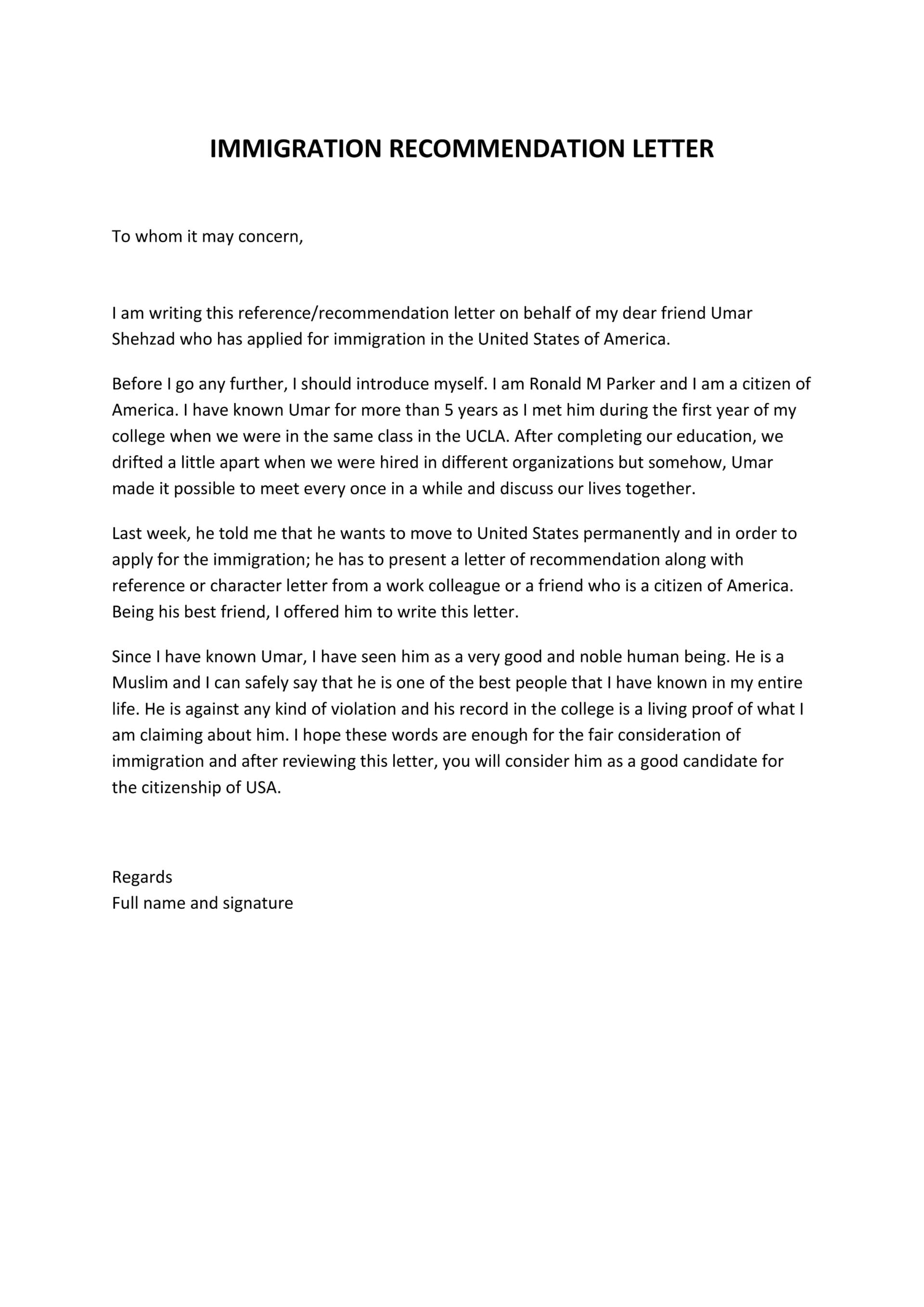 Friend Immigrant Character Reference Letter - Word