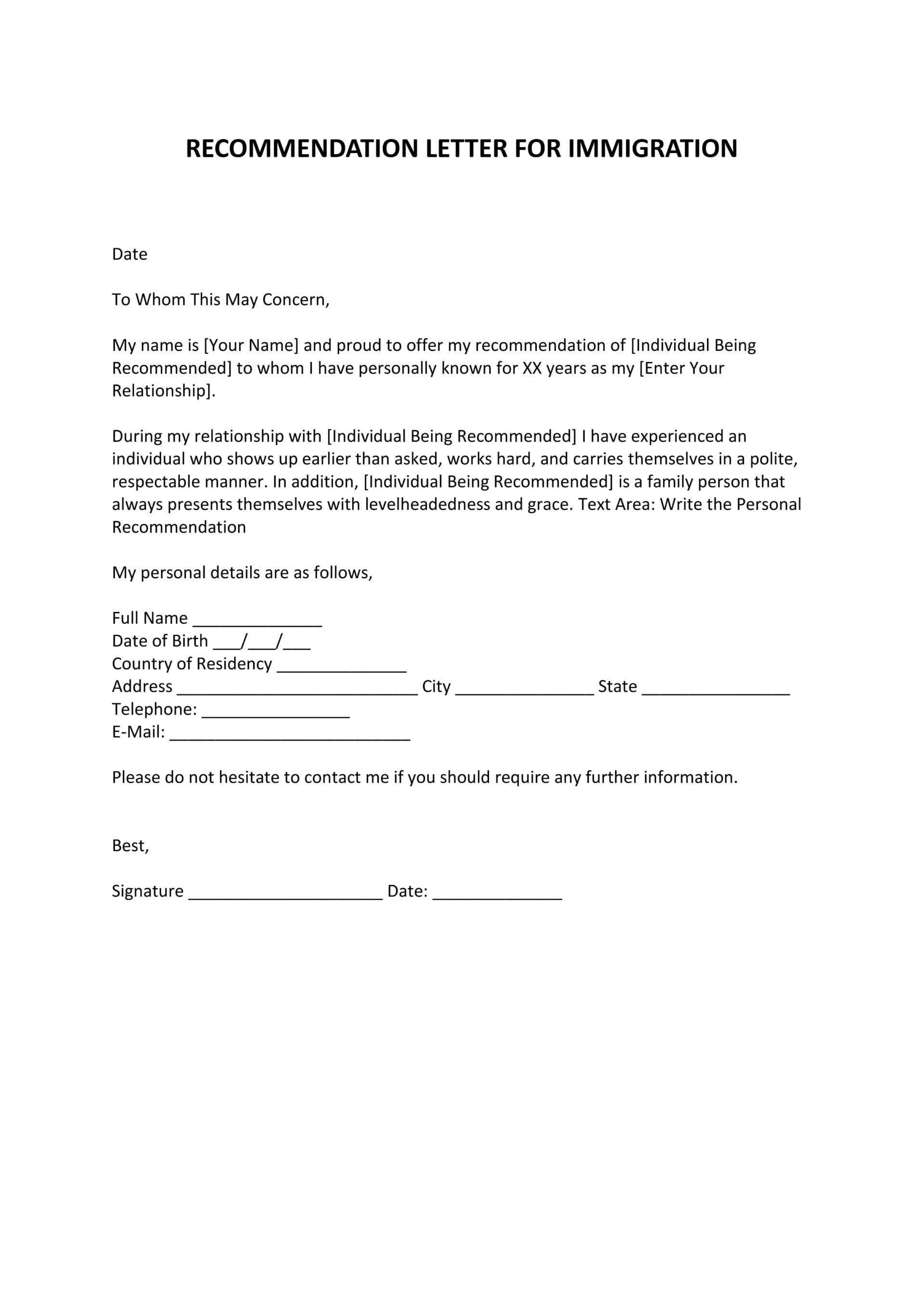 General Immigrant Character Reference Letter - Word