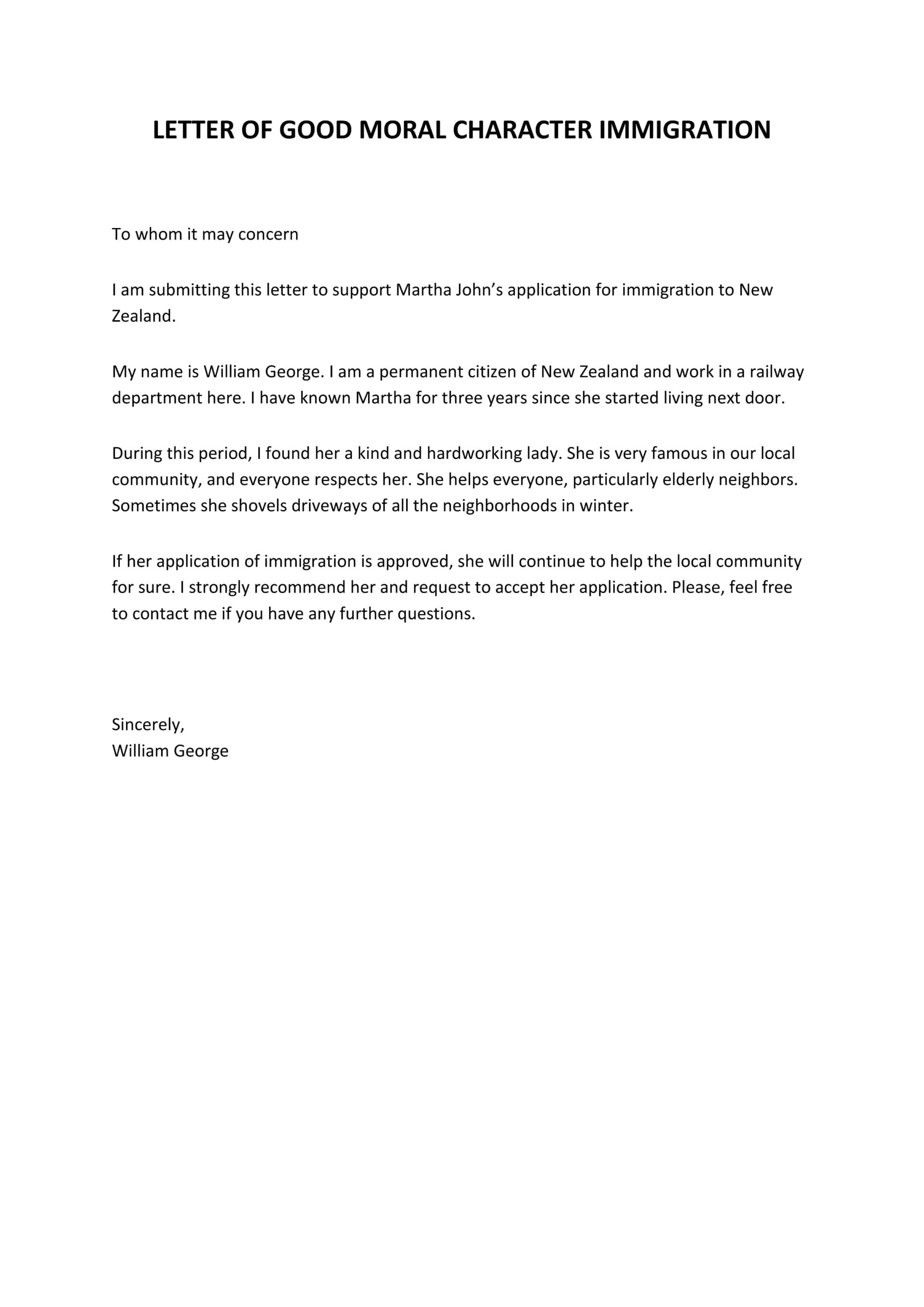 Local Immigrant Character Reference Letter Template - Word