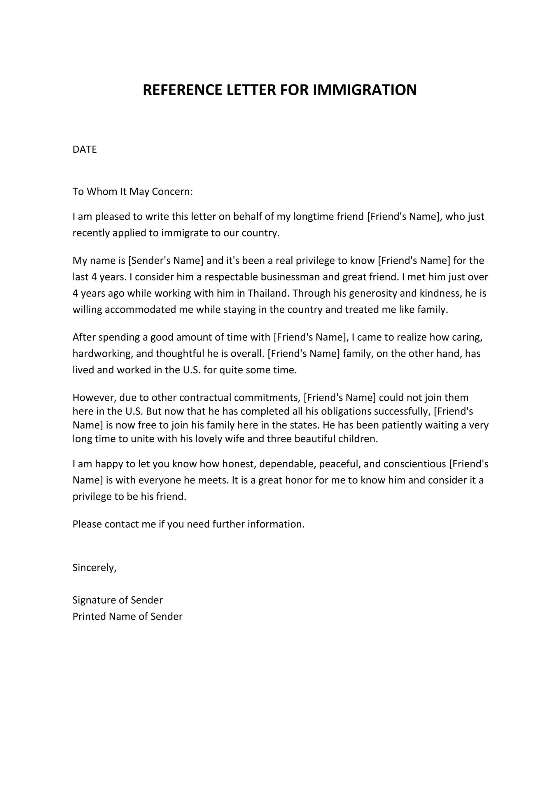 Longtime Friend Immigrant Character Reference Letter Template - Word