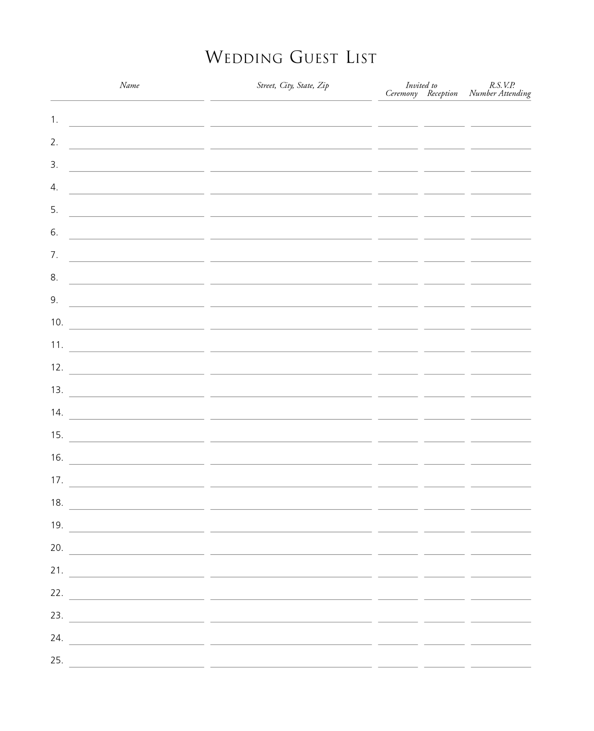 Printable Wedding Guest List Template - PDF