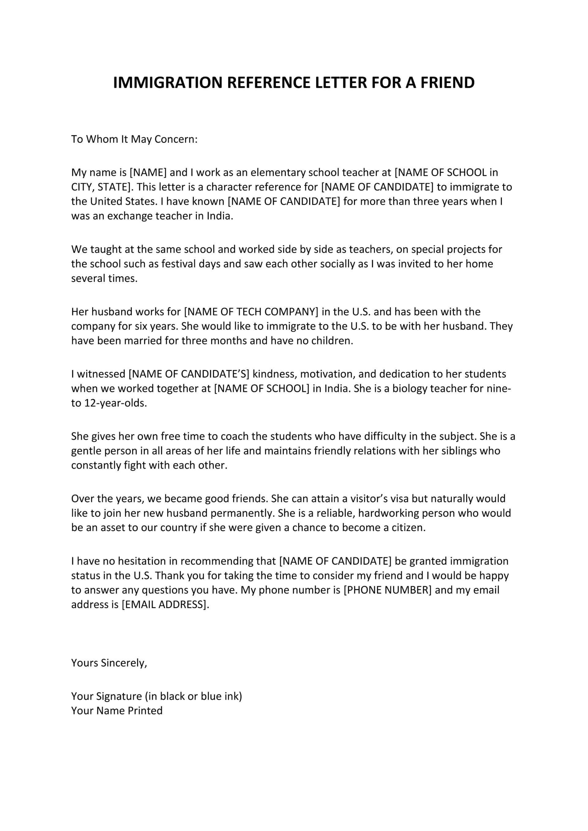 Teacher Immigrant Character Reference Letter Template - Word