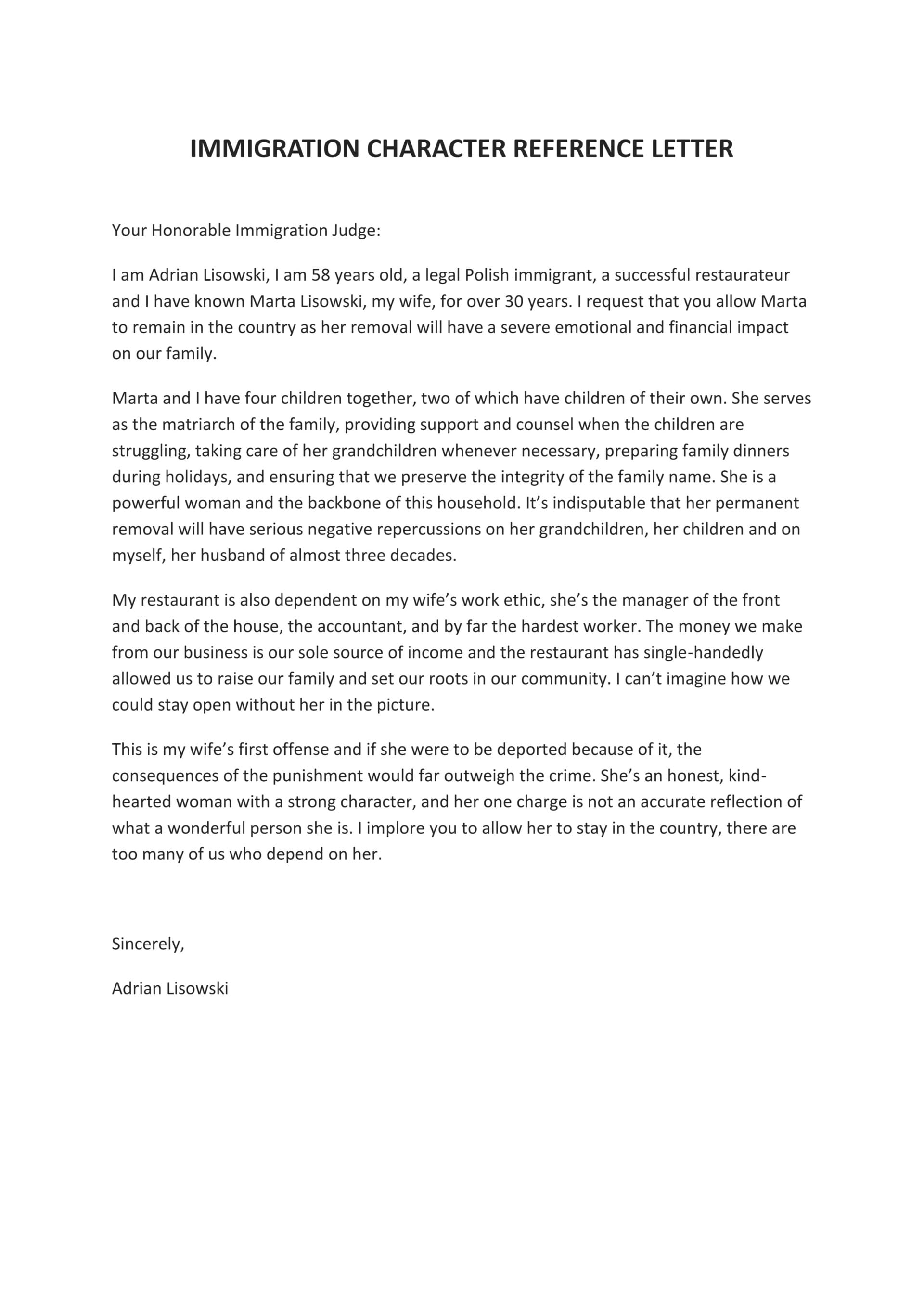 Wife Immigrant Character Reference Letter - Word