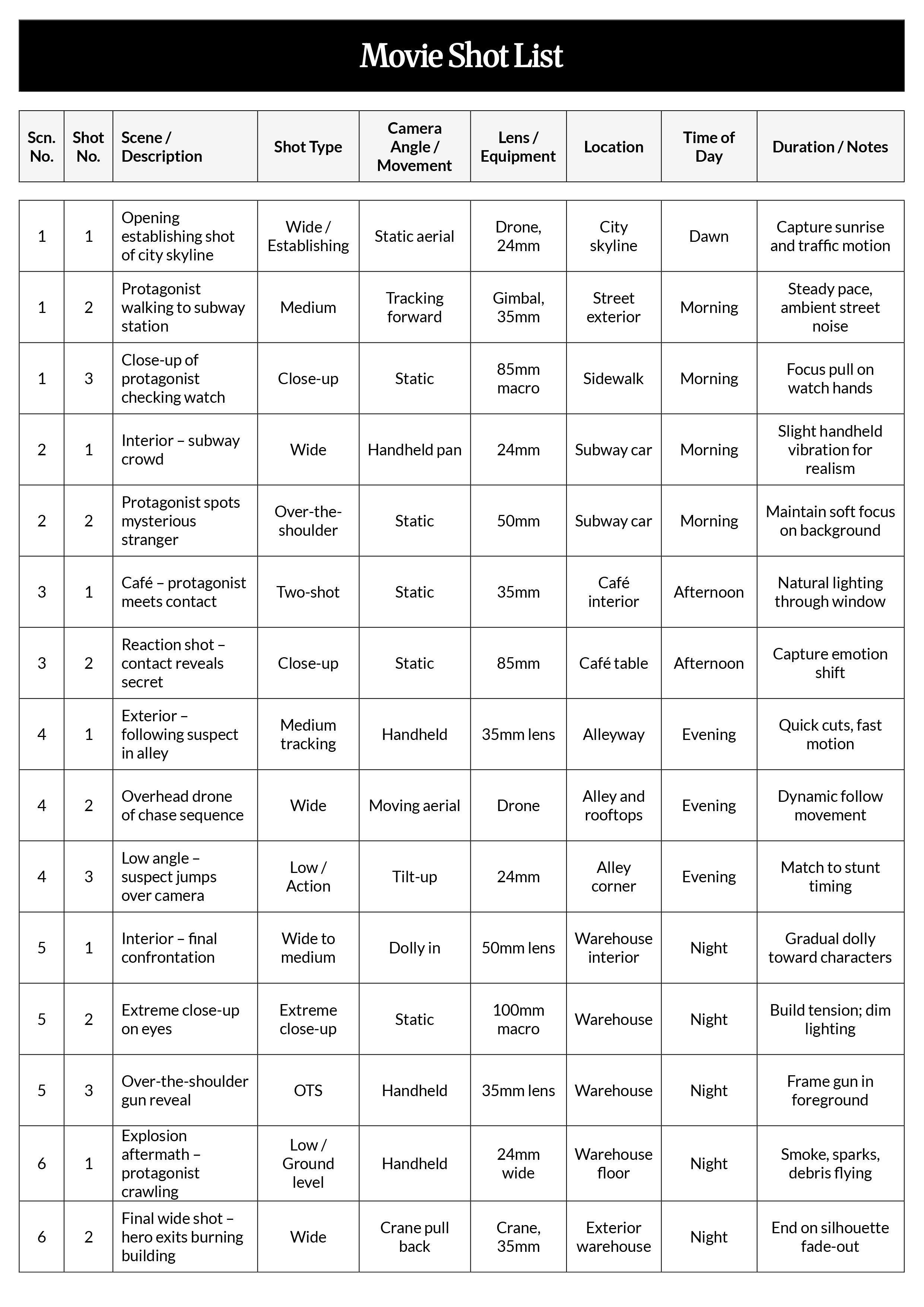 Movie Shot List Template - Word, Google Docs
