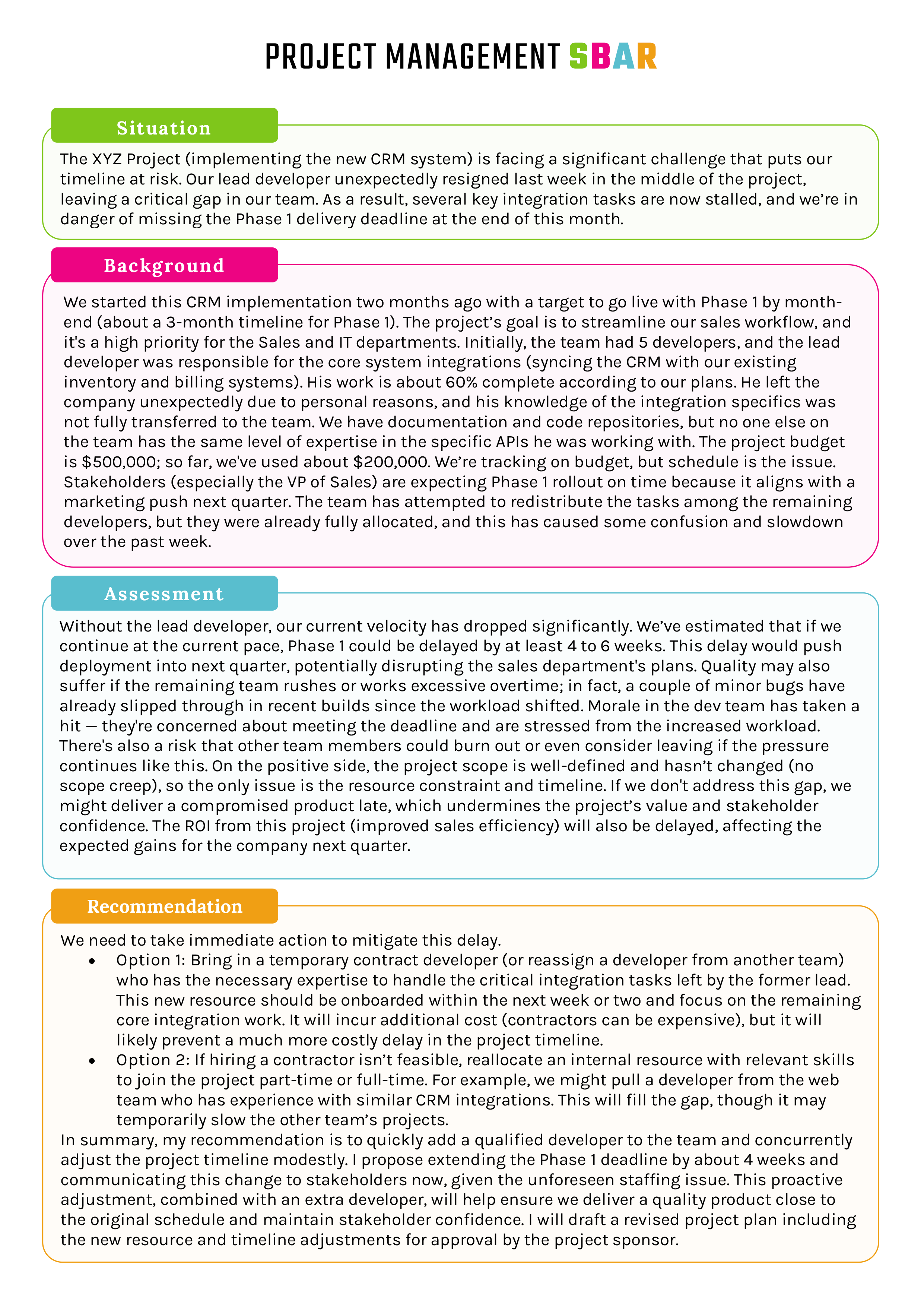 Project Management SBAR Template - Word, Google Docs