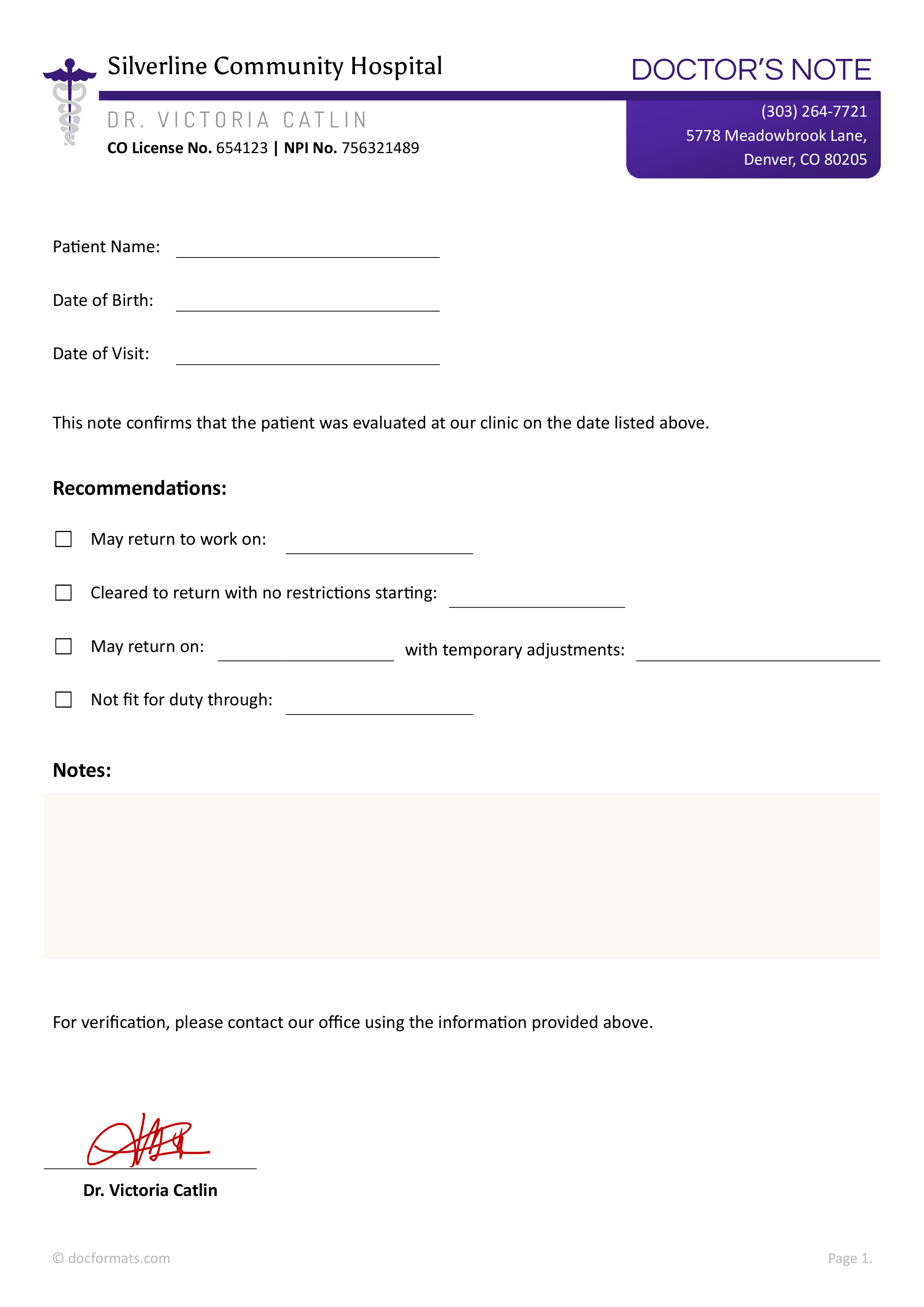Return to Work Doctor's Note - Word, Google Docs