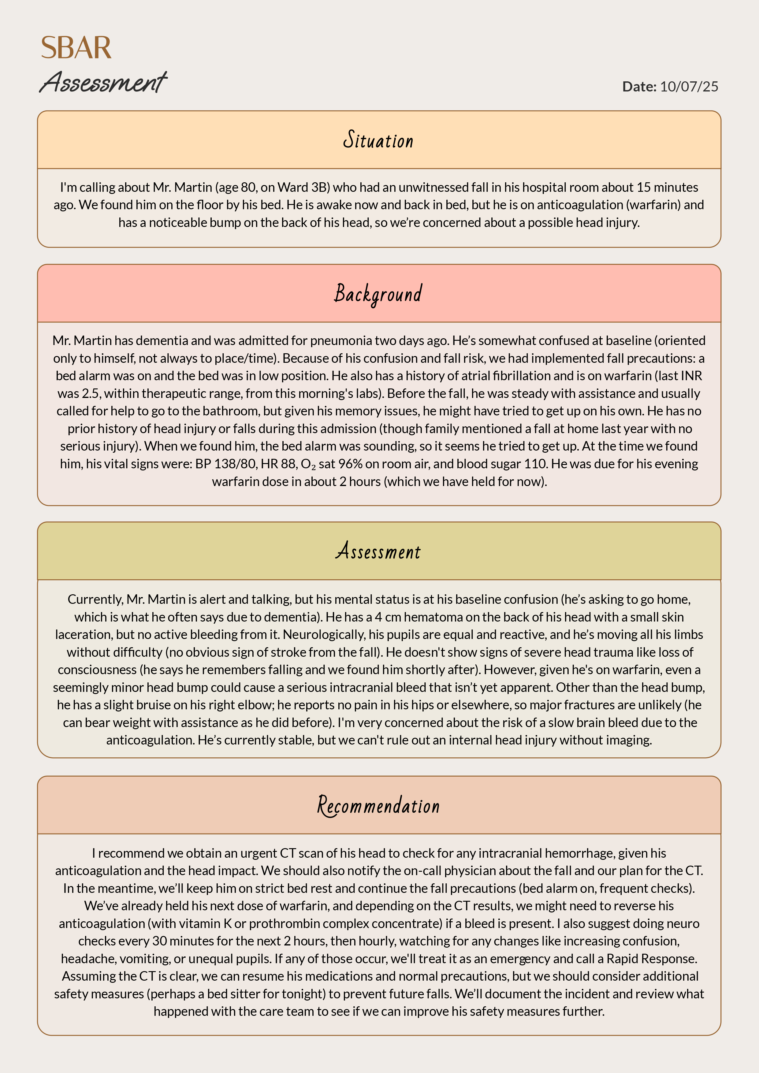 SBAR Assessment Template - Word, Google Docs