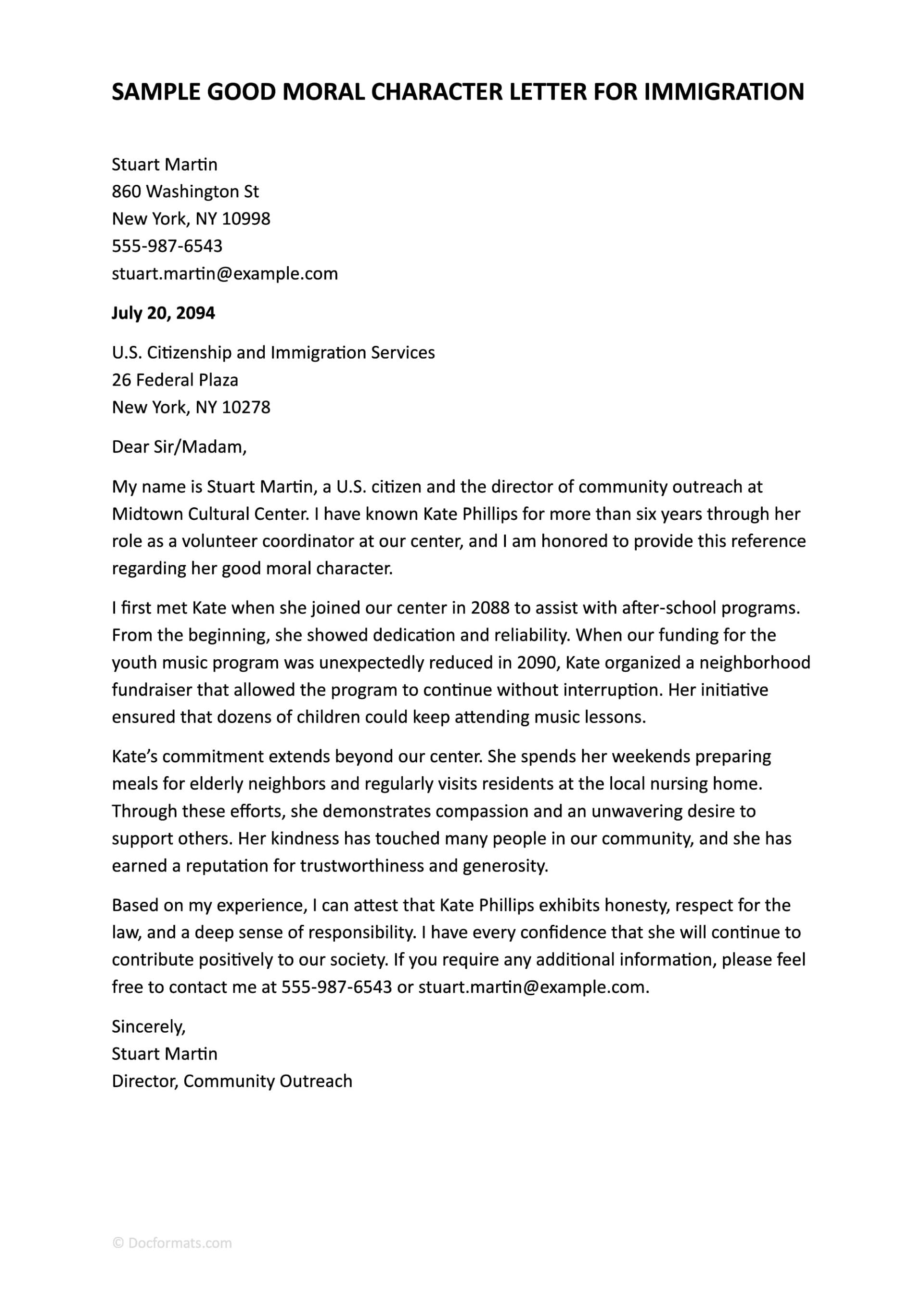 Sample Good Moral Character Letter for Immigration in Word and PDF