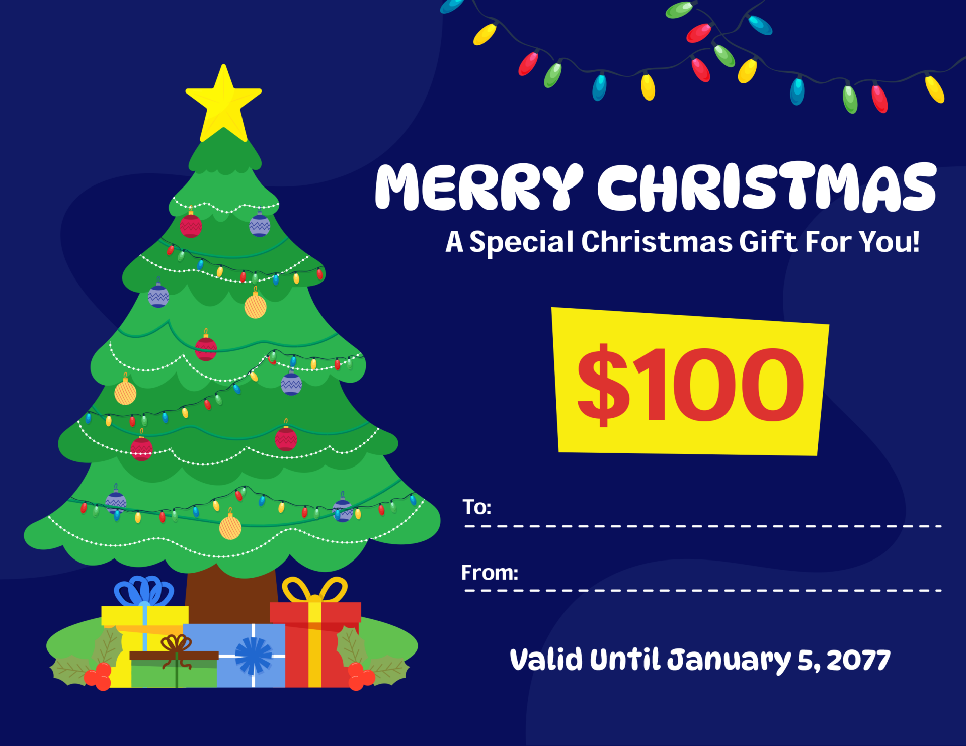 Royal Blue and Yellow Christmas Gift Certificate Template - PowerPoint, Google Slides, Adobe Illustrator
