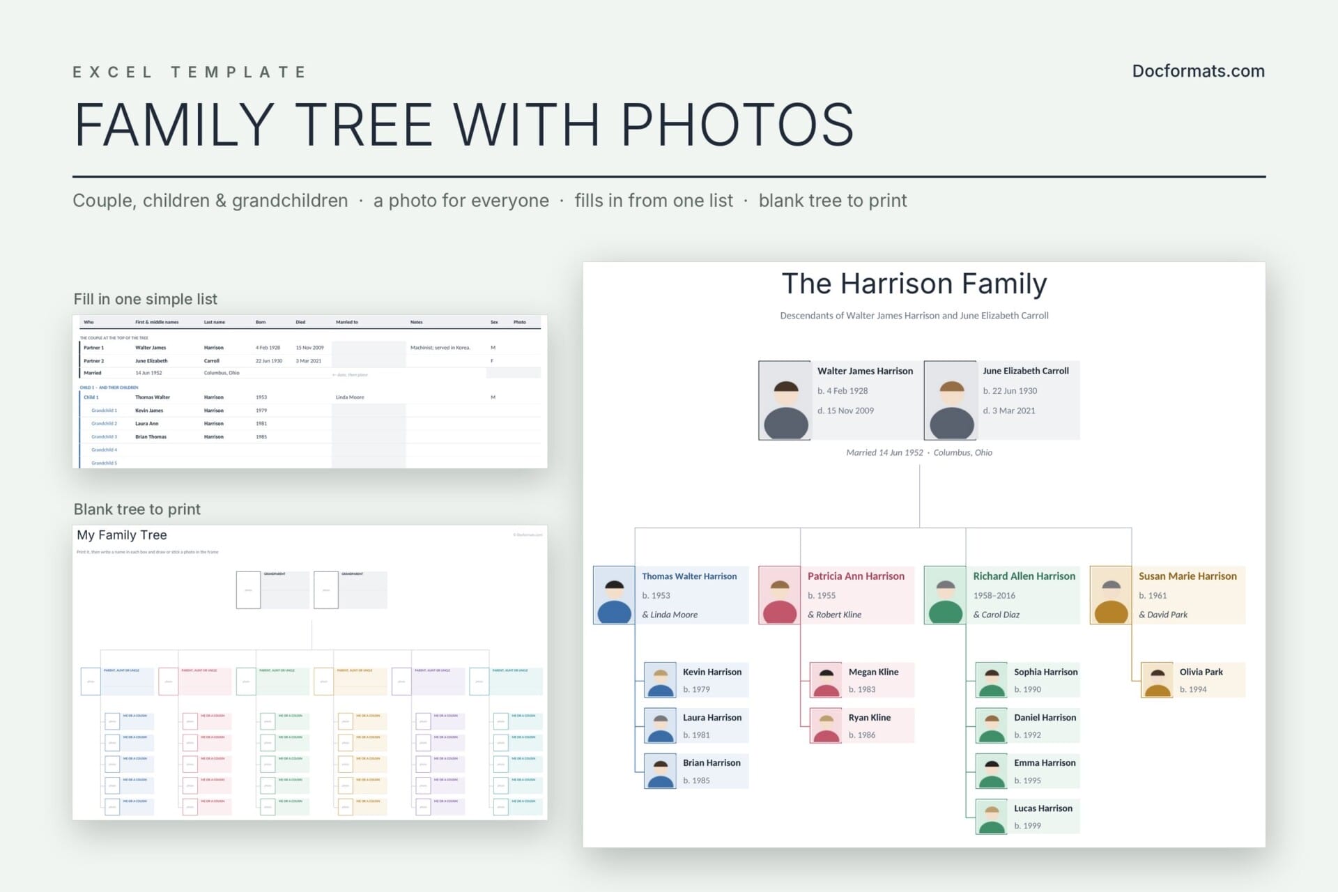 Family tree template with pictures in Excel showing a couple, their children and grandchildren with a photo frame for each person