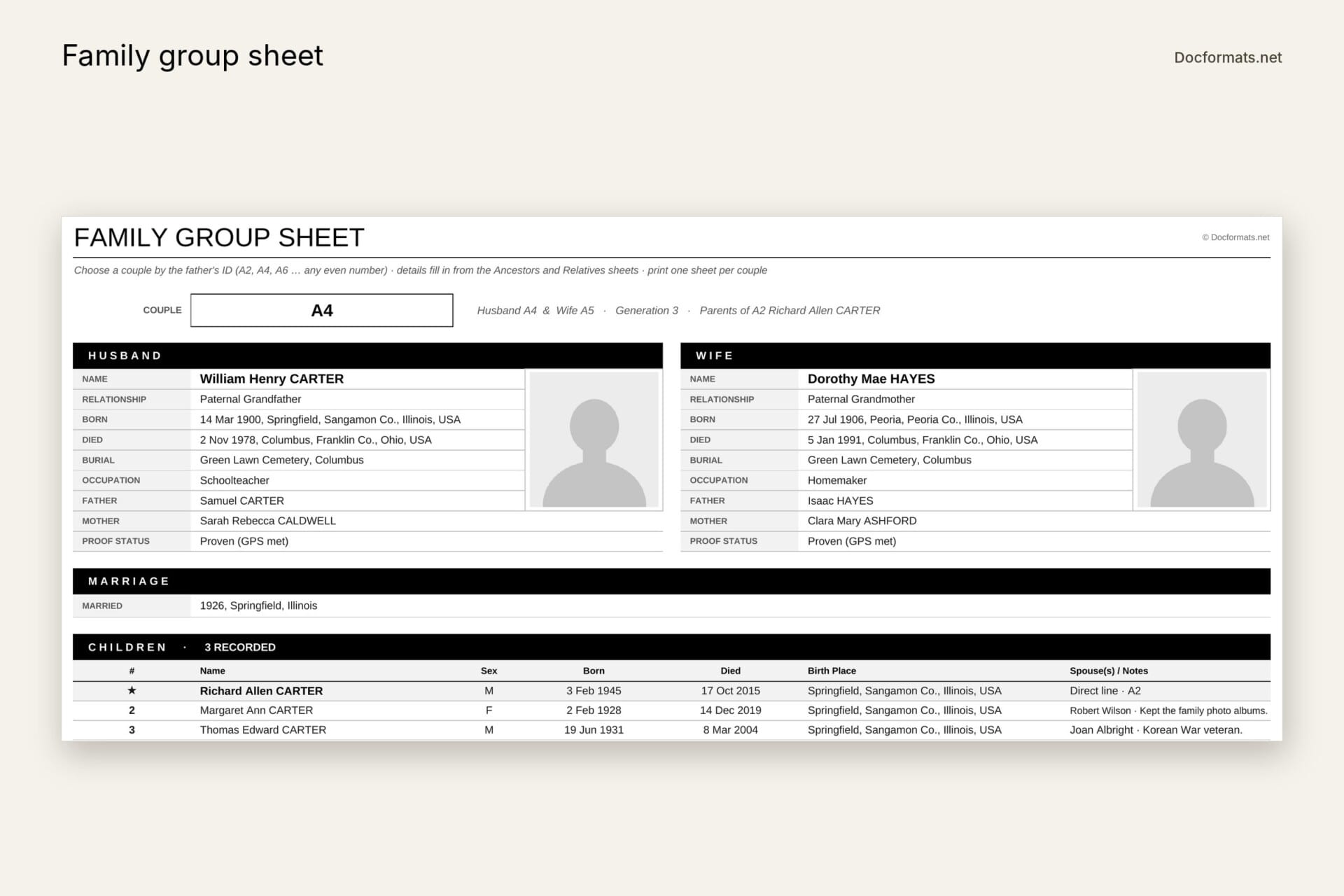 Family group record template in Excel with husband, wife, their parents, marriage and children