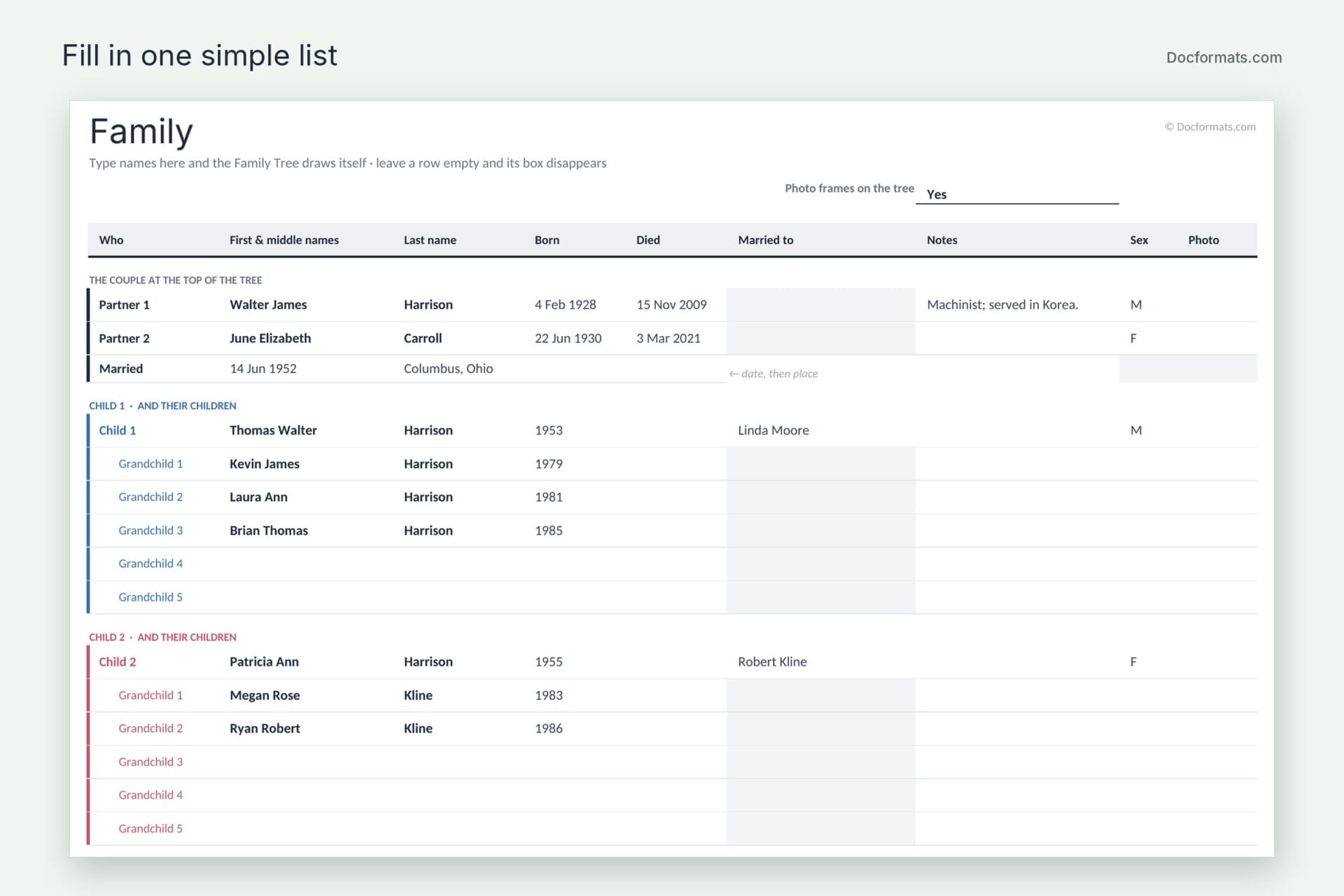 Family list in Excel for the couple, each child and their spouse, and up to five grandchildren per child