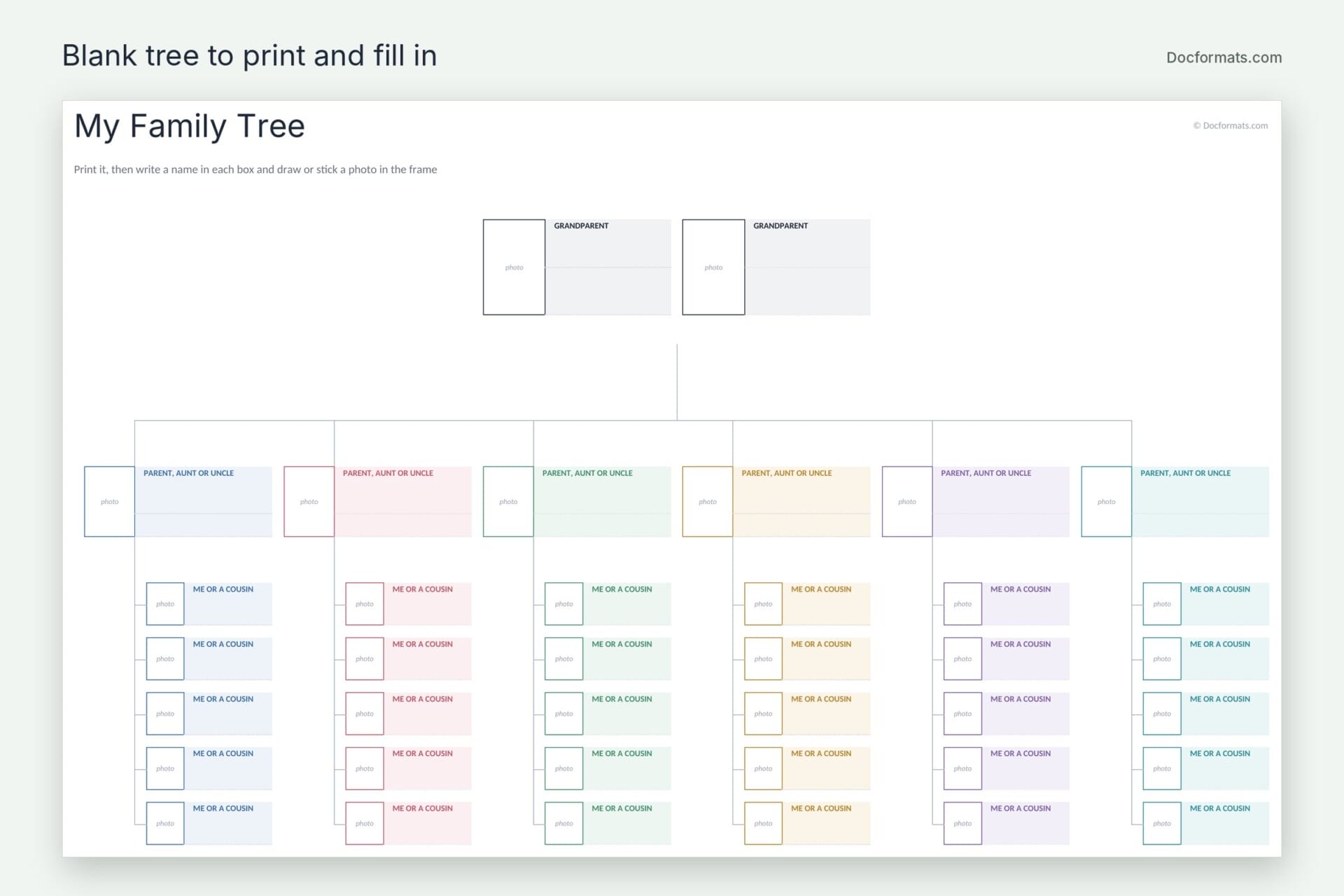 Printable blank family tree for kids with boxes for grandparents, parents, aunts, uncles, cousins and photos