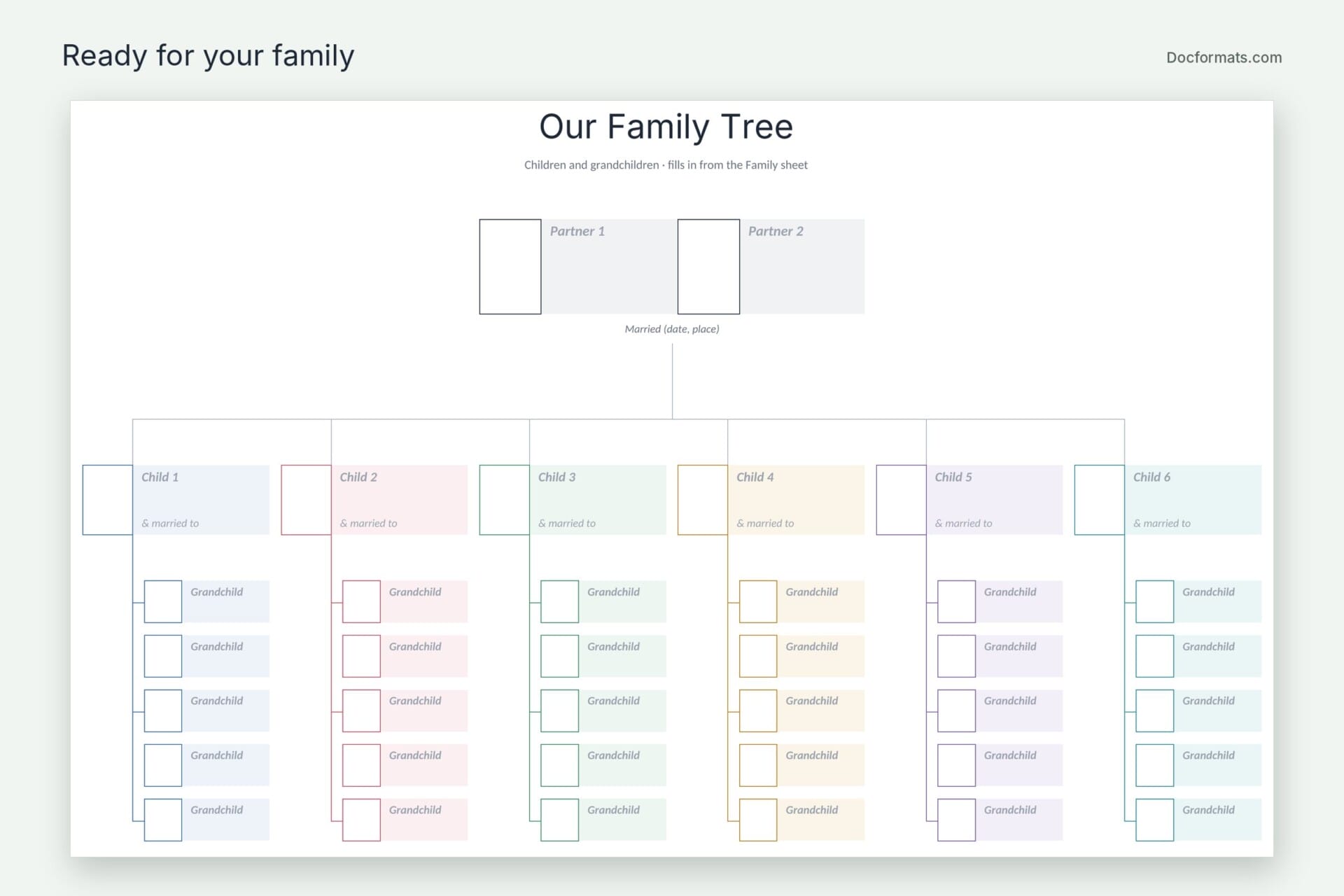 Empty family tree template in Excel with labelled boxes for partners, six children and their grandchildren
