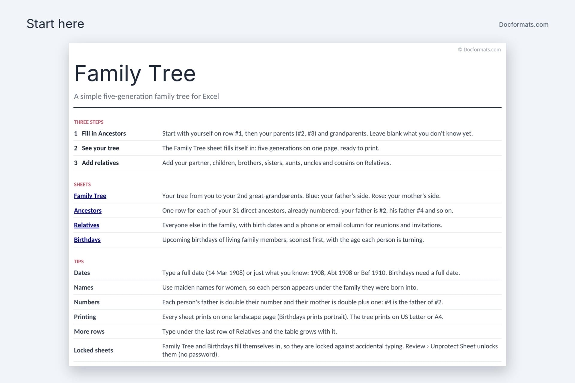 Start here page of the family tree template with three steps, links to each sheet and tips