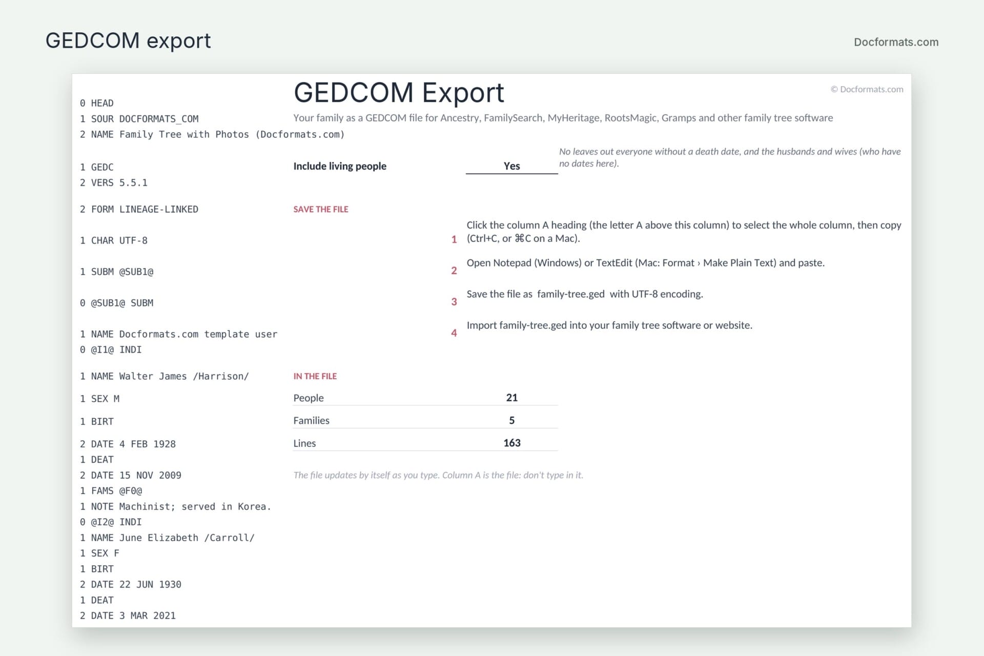 GEDCOM export sheet that turns the family tree into a file for Ancestry, FamilySearch and MyHeritage