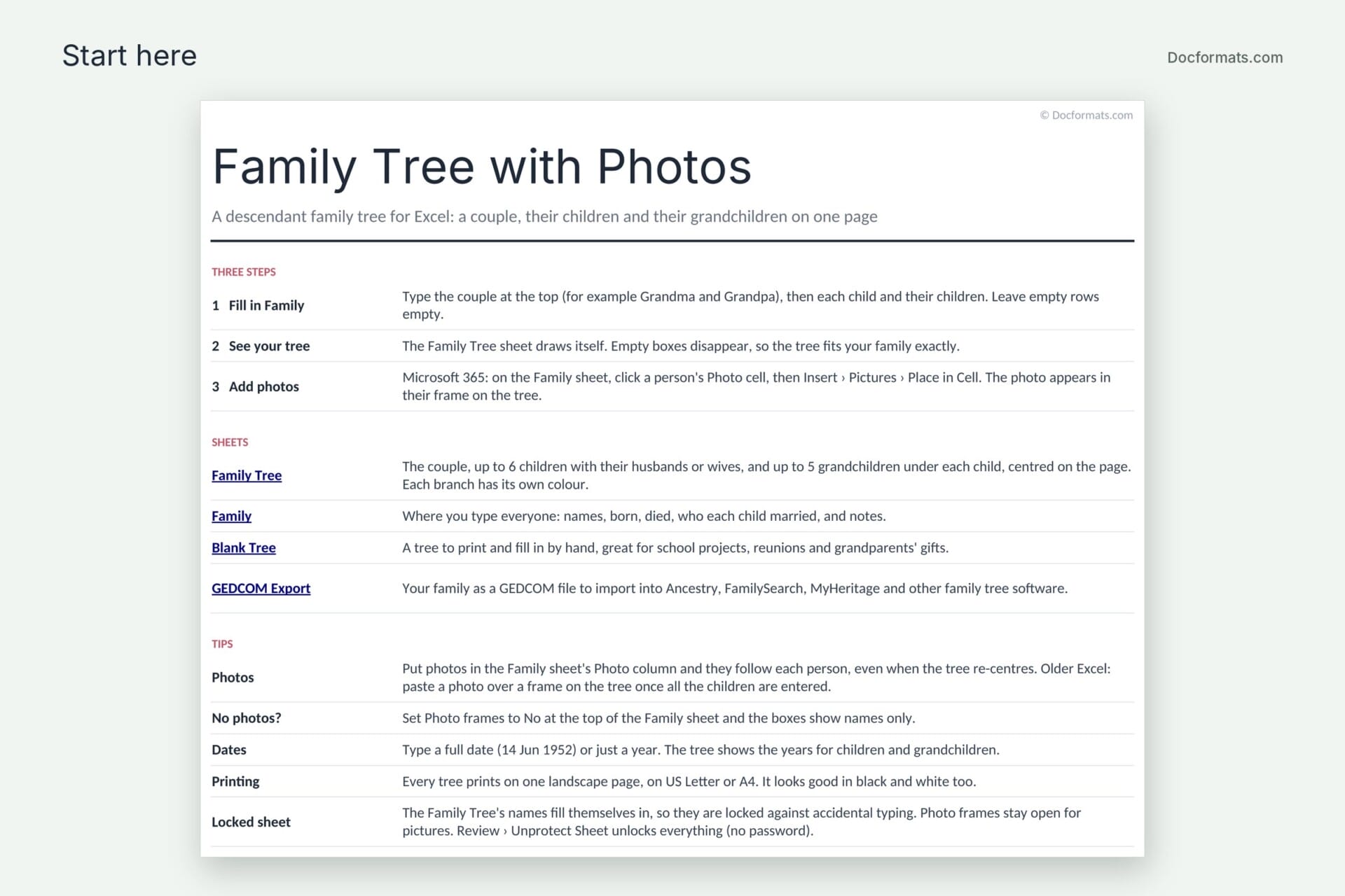 Start here page of the family tree with photos template with three steps, sheet links and tips