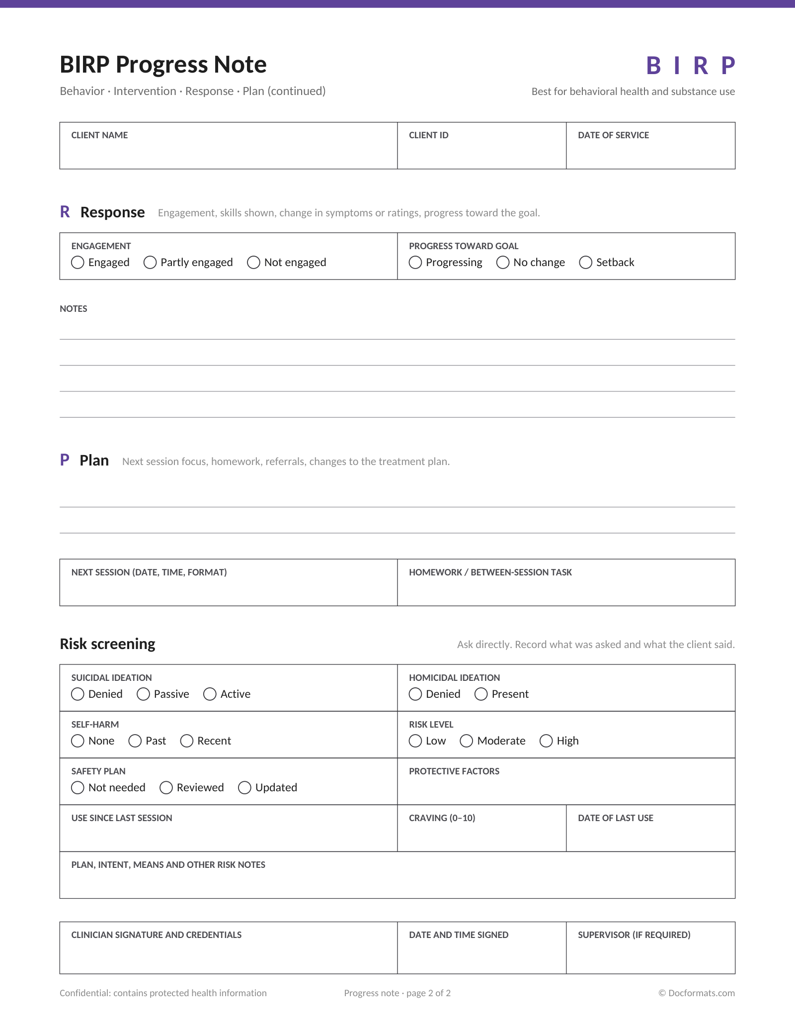 Blank BIRP progress note page 2 with response and plan