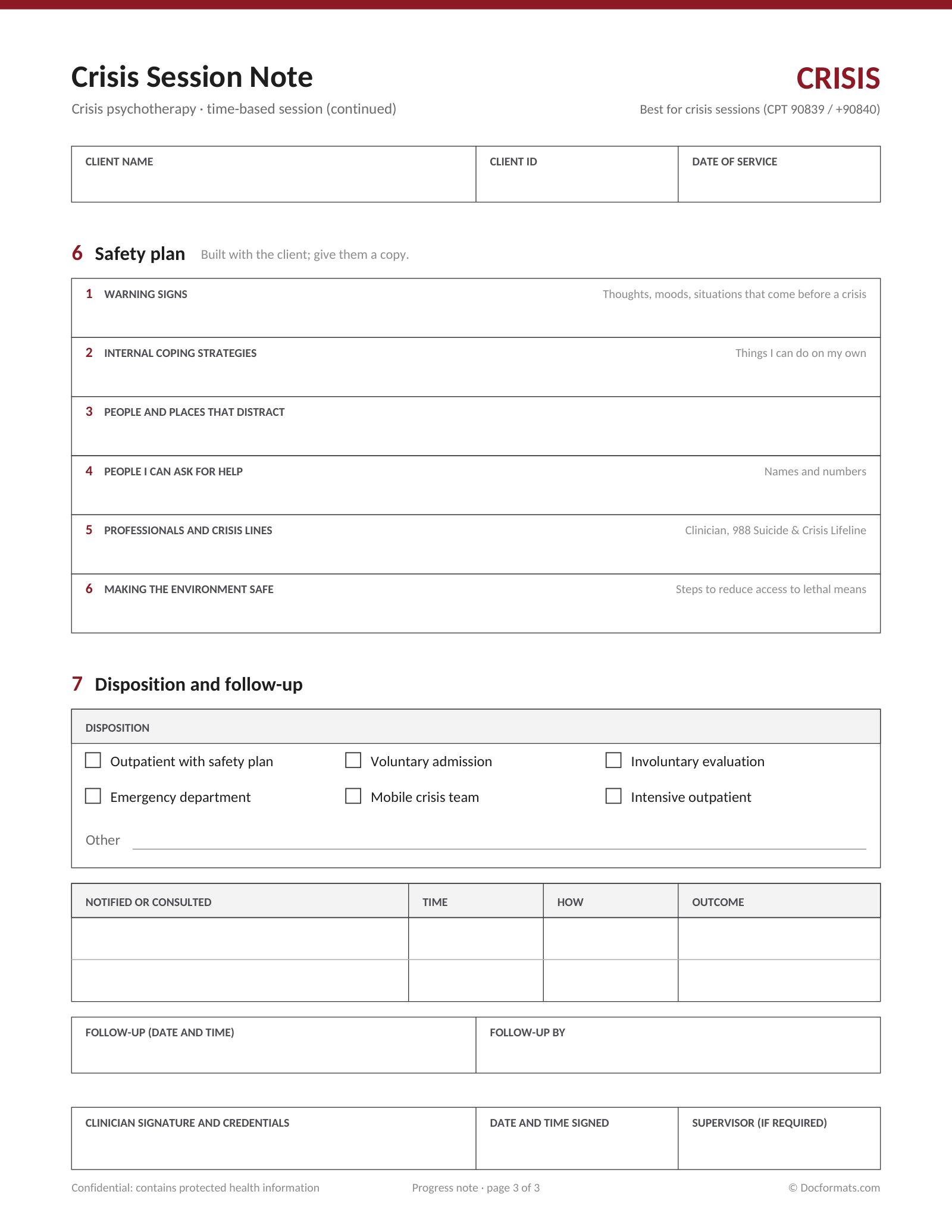 Blank crisis session note page 3 with safety plan and disposition