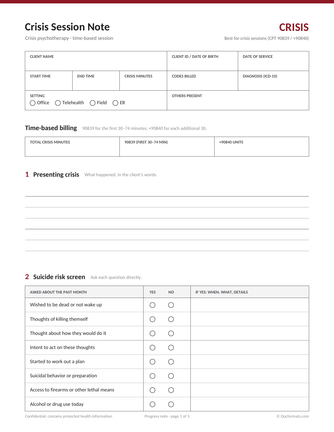 Crisis session note template with crisis billing time, a suicide risk screen and risk and protective factors