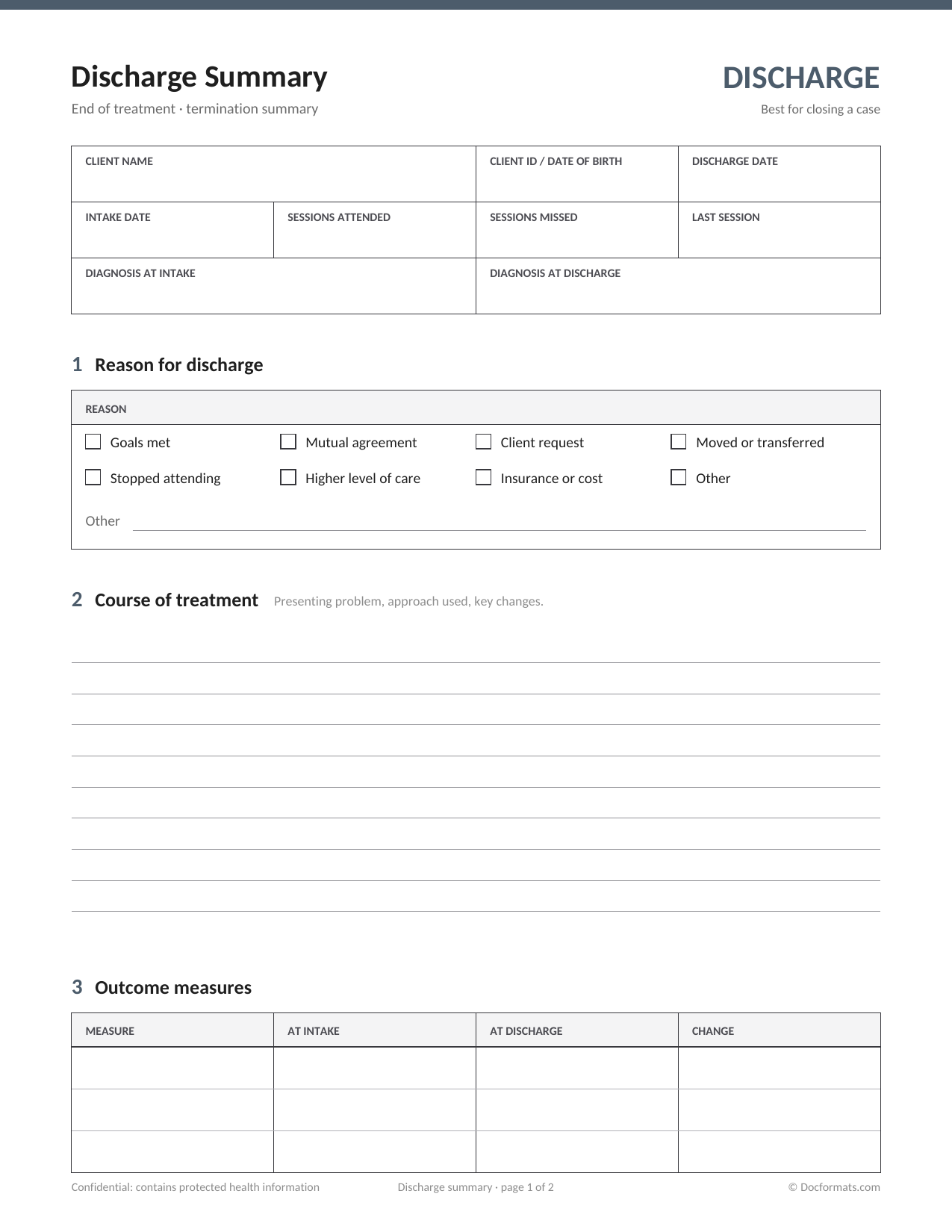Mental health discharge summary template with reasons for discharge, outcome scores and aftercare referrals
