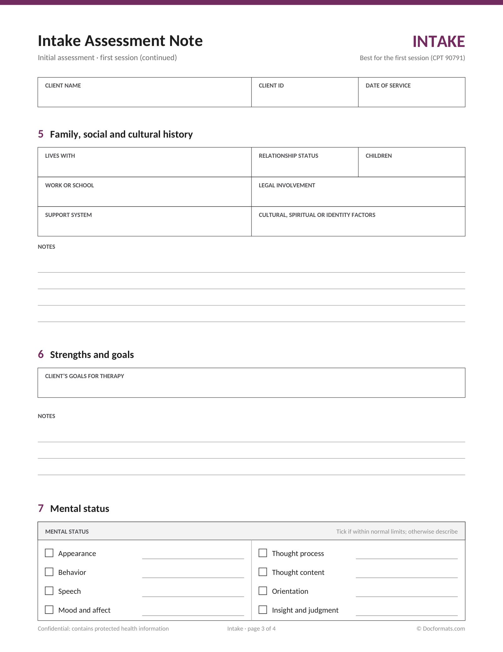 Blank intake assessment note page 3 with family and social history, strengths and goals and mental status