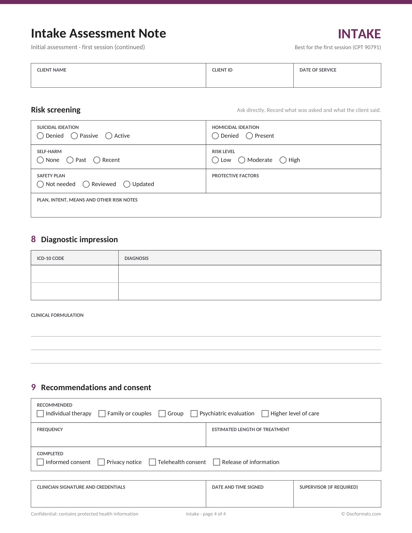 Blank intake assessment note page 4 with diagnostic impression and recommendations and consent ticks