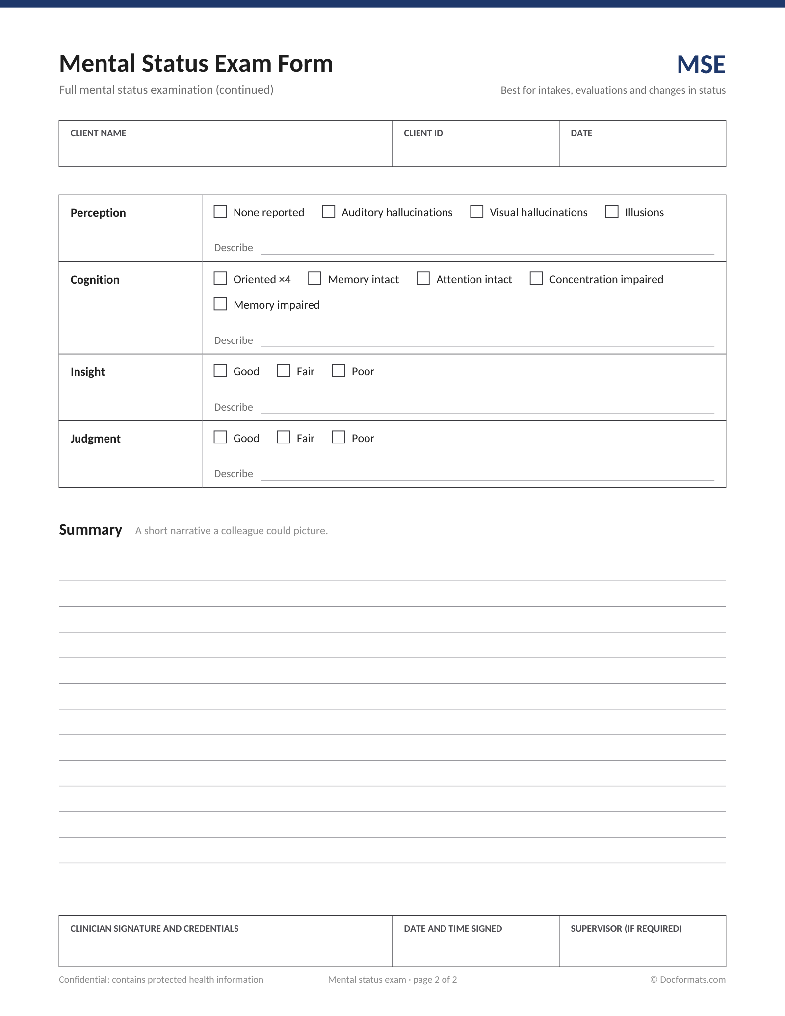 Blank mental status exam form page 2 with perception, cognition, insight, judgment and a summary