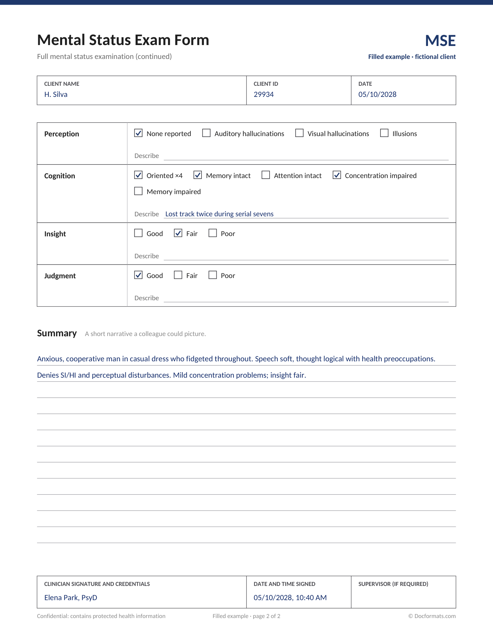 Filled mental status exam form example for a fictional client, with perception, cognition, insight, judgment and summary