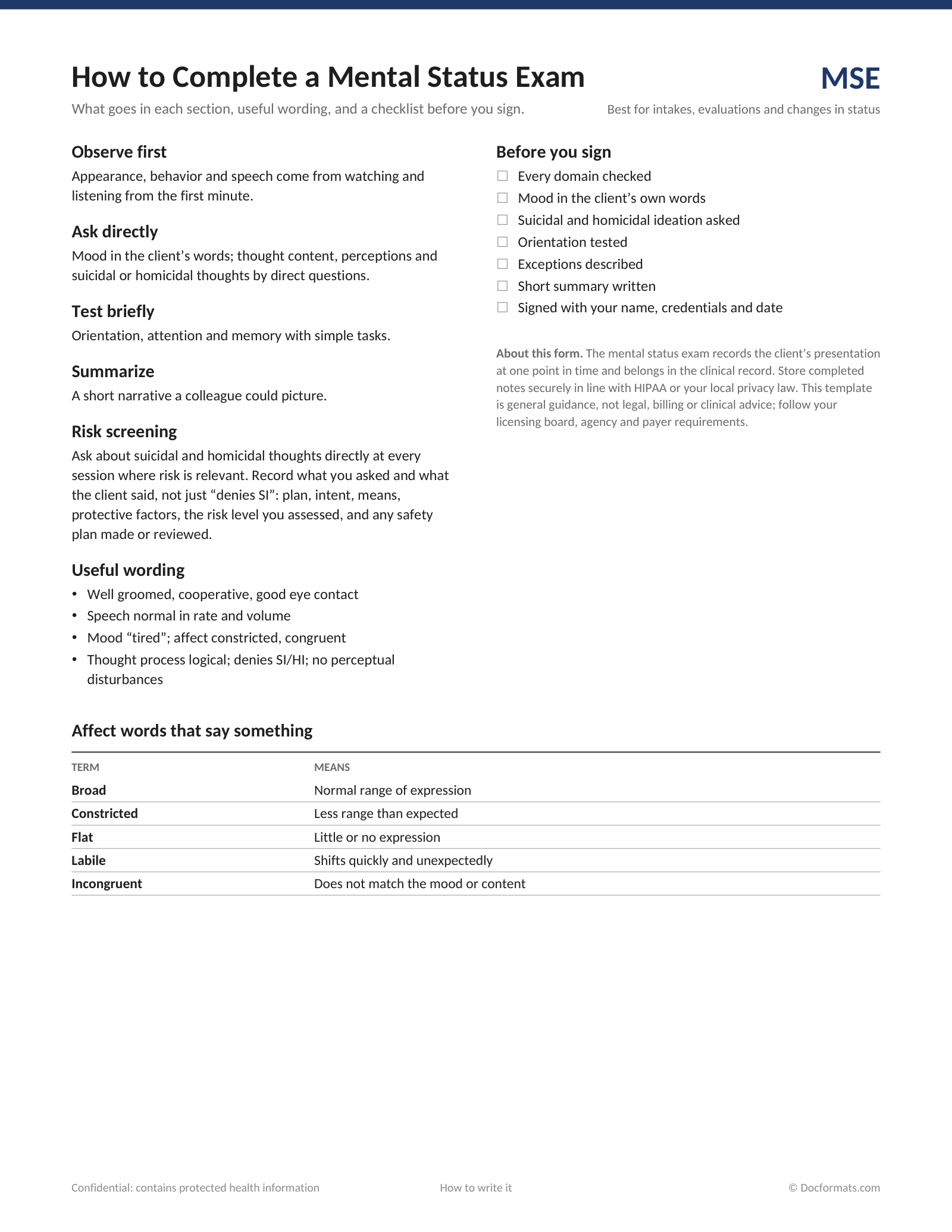 How-to page for the mental status exam form, with useful wording, a checklist before you sign and a table on affect words that describe what you see
