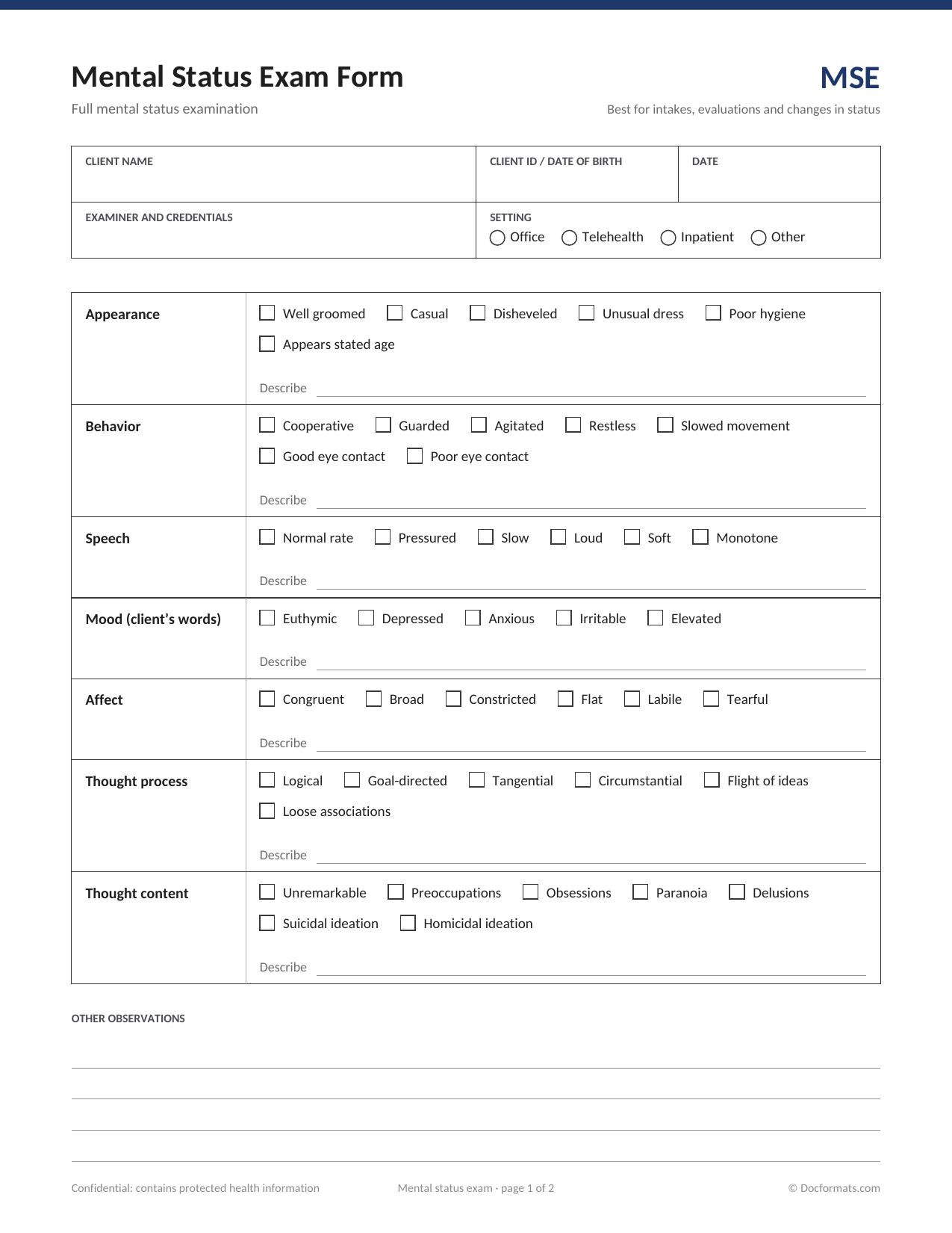 Mental status exam form template with tick boxes and a describe line for each area, from appearance to judgment