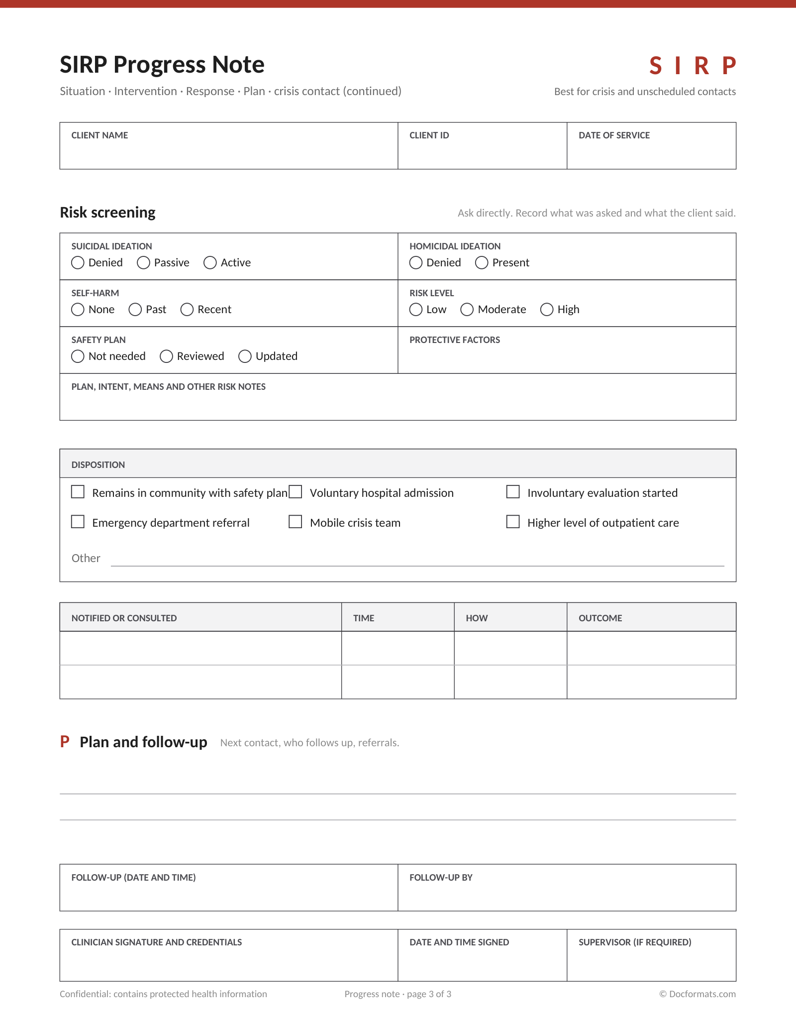 Blank SIRP progress note page 3 with the plan and follow-up