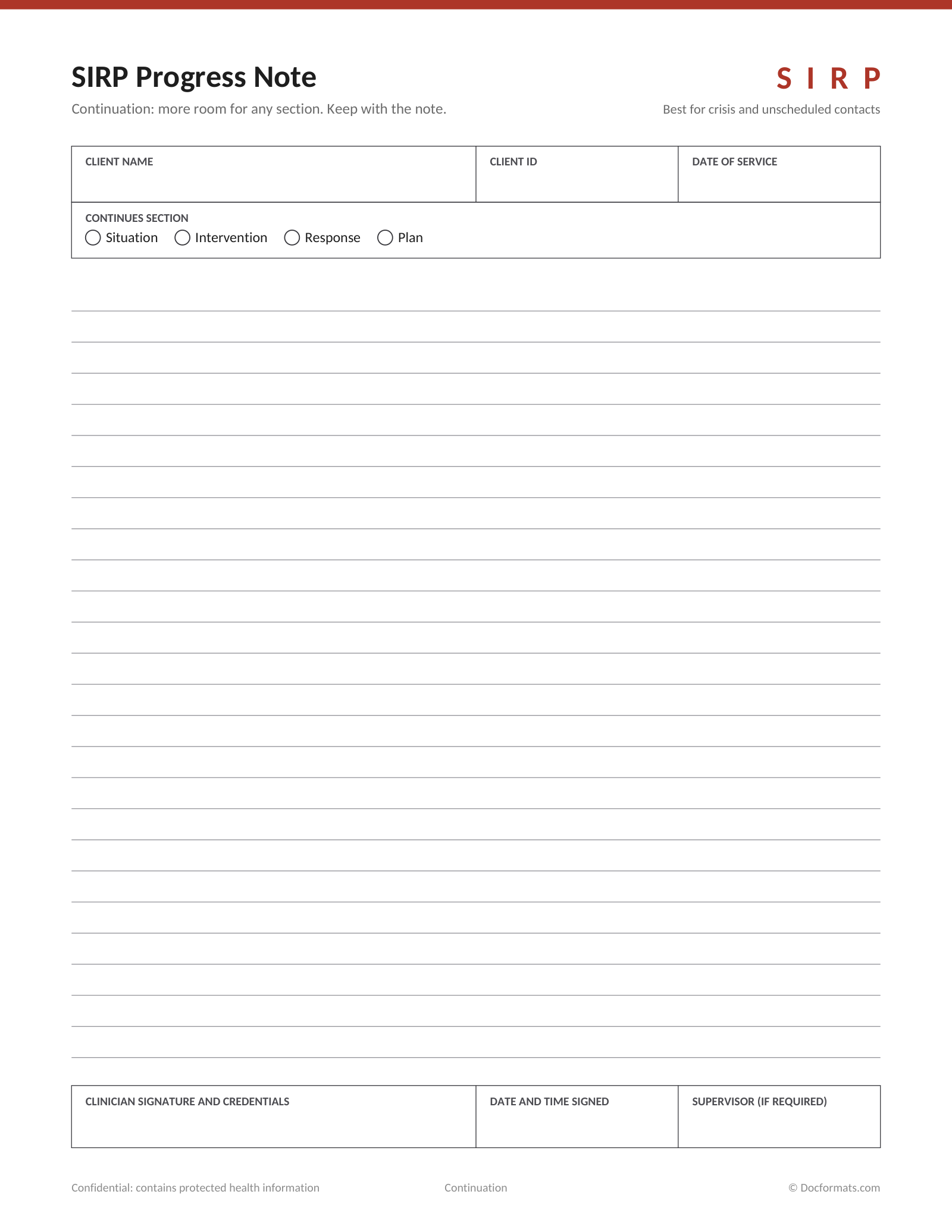 Blank SIRP progress note continuation page with lined space for any section that needs more room