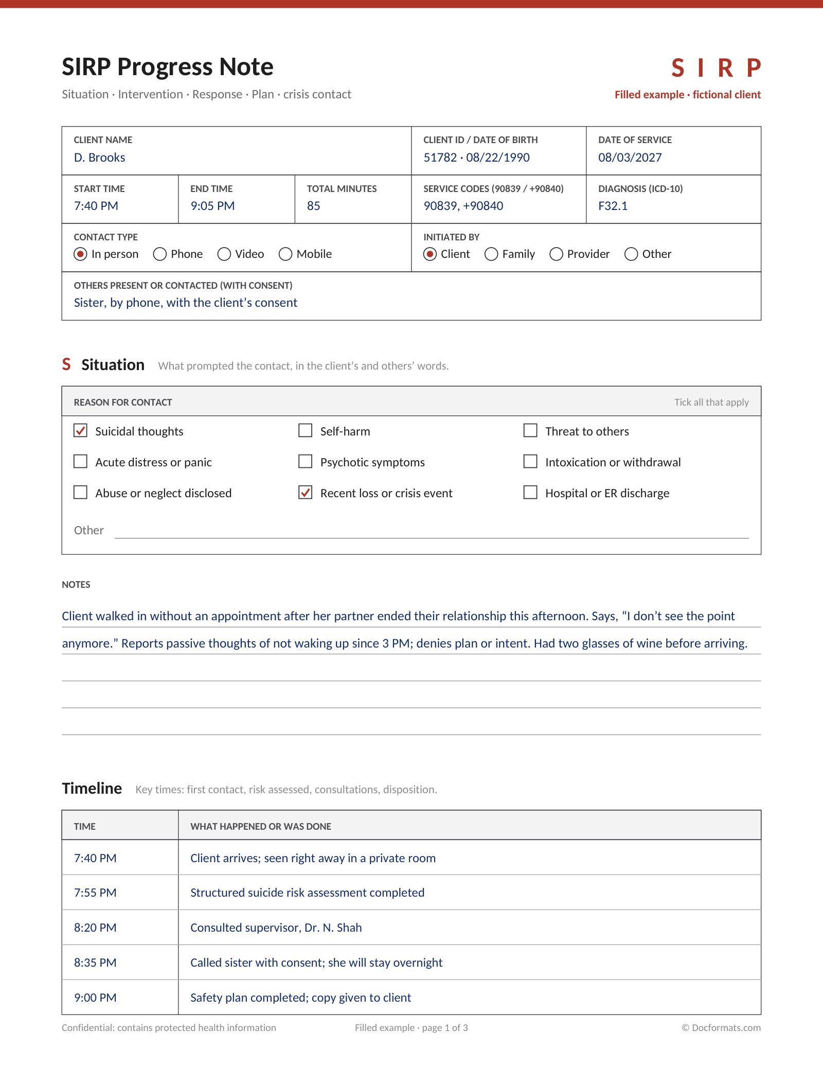Filled SIRP progress note example for a fictional client, with situation and timeline
